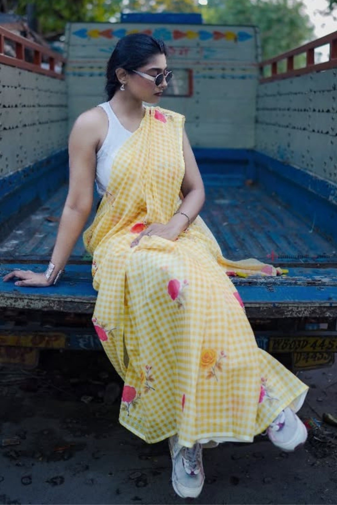 Buy MySilkLove Trombone Yellow Soft Linen Cotton Pinted Saree Online