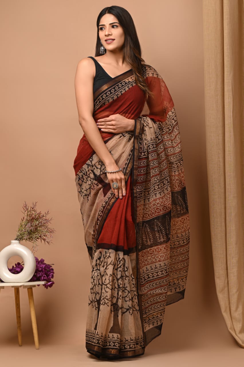 Buy MySilkLove El Salva Maroon Handblock Kota Doriya Saree Online