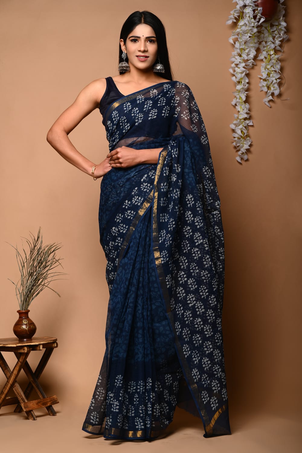 Buy MySilkLove Limed Spruce Blue Handblock Kota Doriya Saree Online