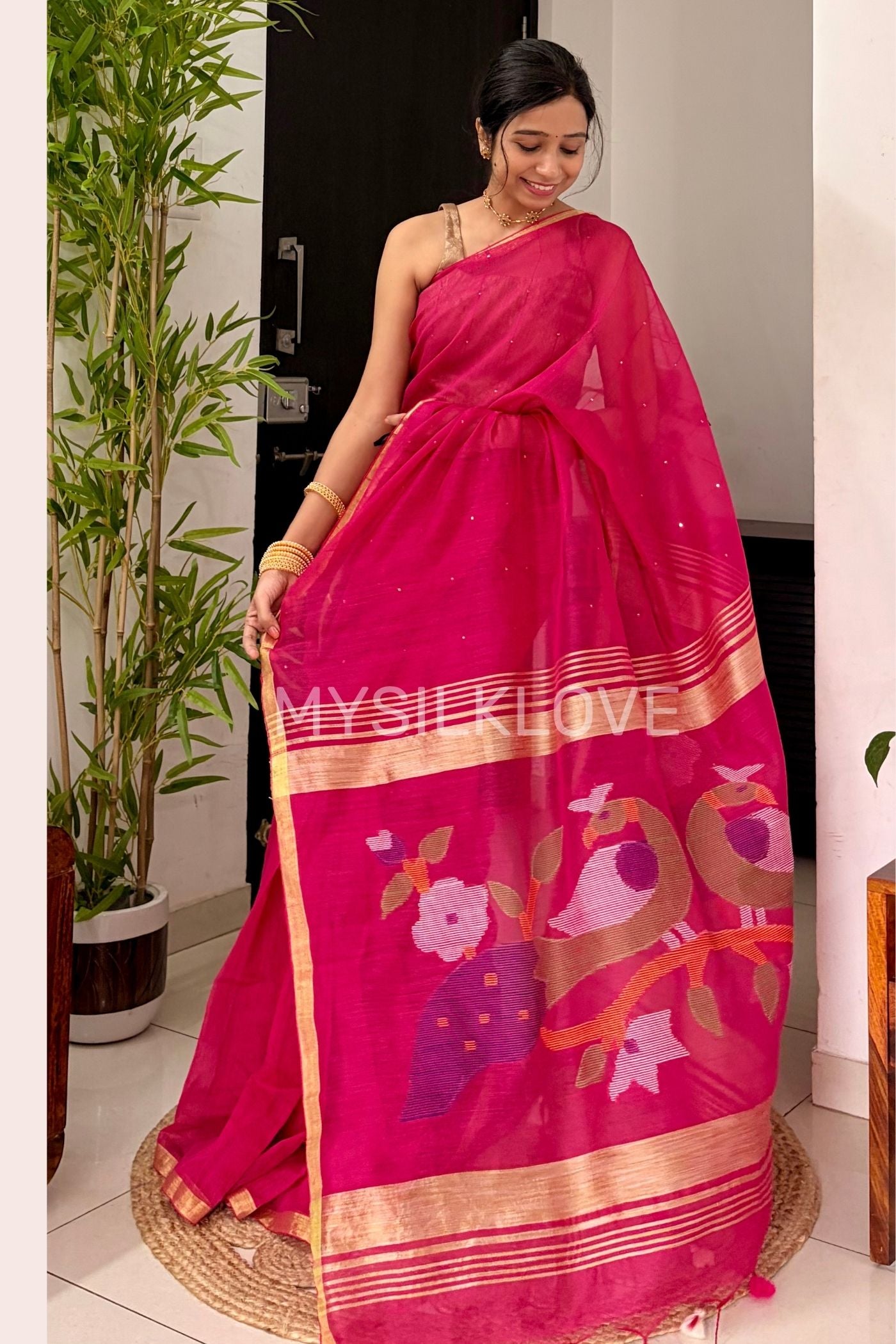 MySilkLove Zinnia Pink Handloom Chanderi Cotton Silk Saree