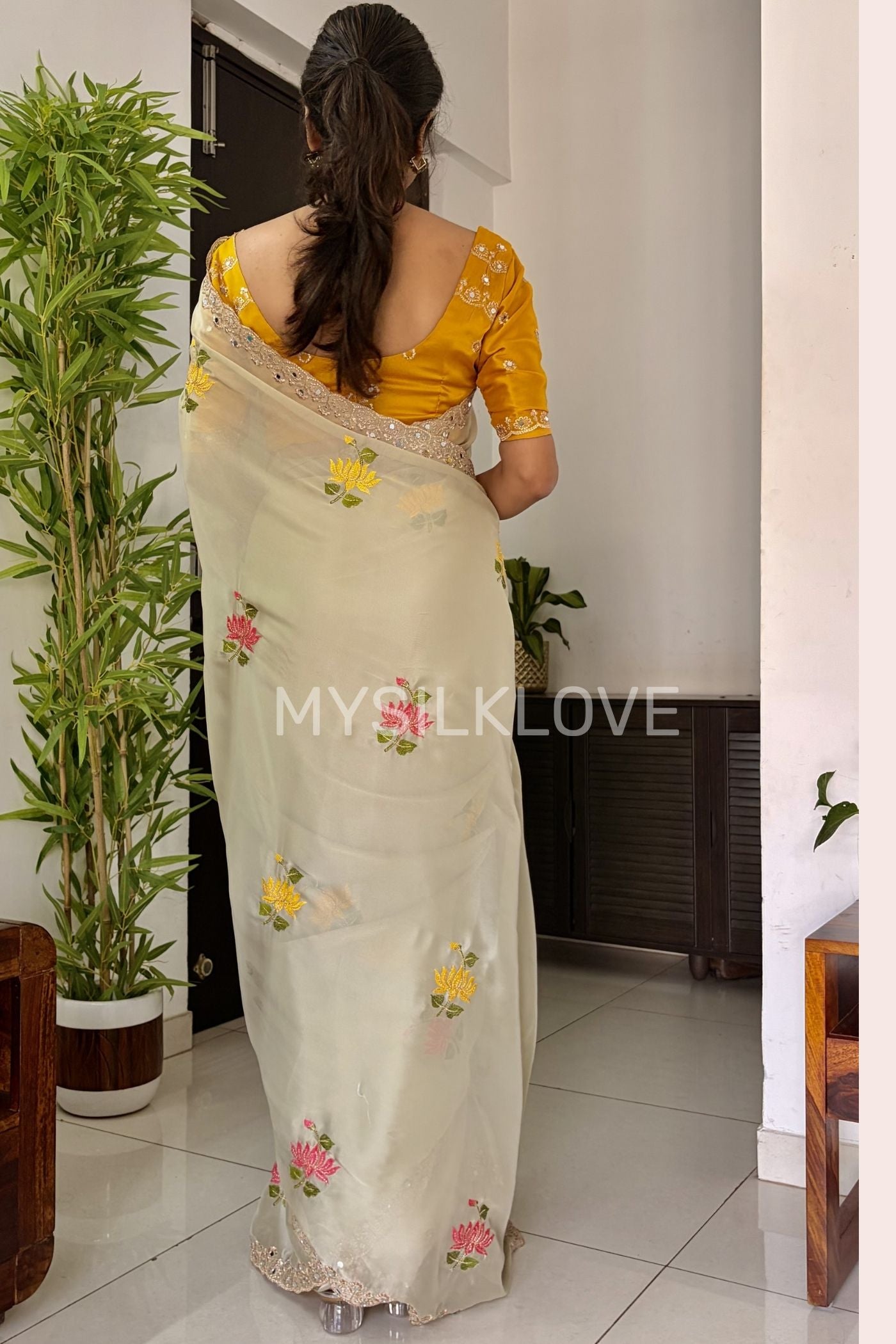 Buy MySilkLove Milk Cream and Yellow Embroidery Chiffon Floral Saree Without Blouse Online