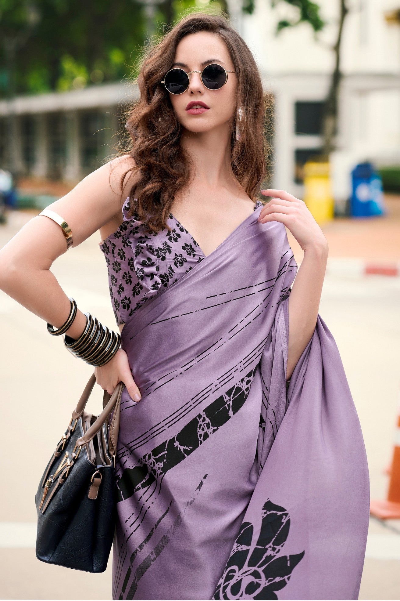 MySilkLove Mauve Purple Printed Satin Crepe Saree