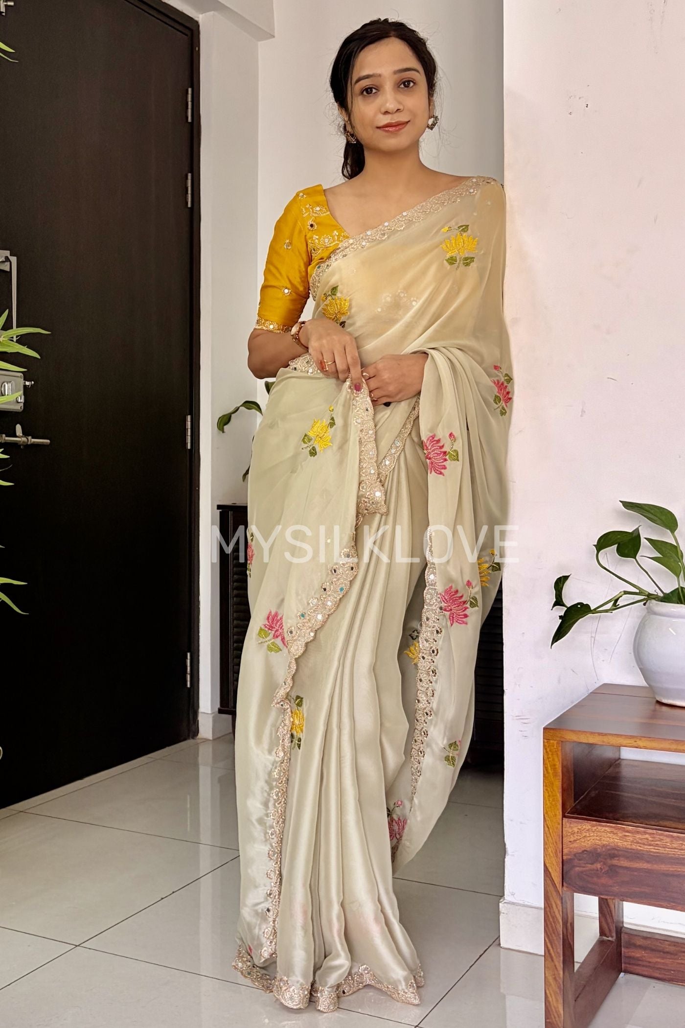 Buy MySilkLove Milk Cream and Yellow Embroidery Chiffon Floral Saree Without Blouse Online