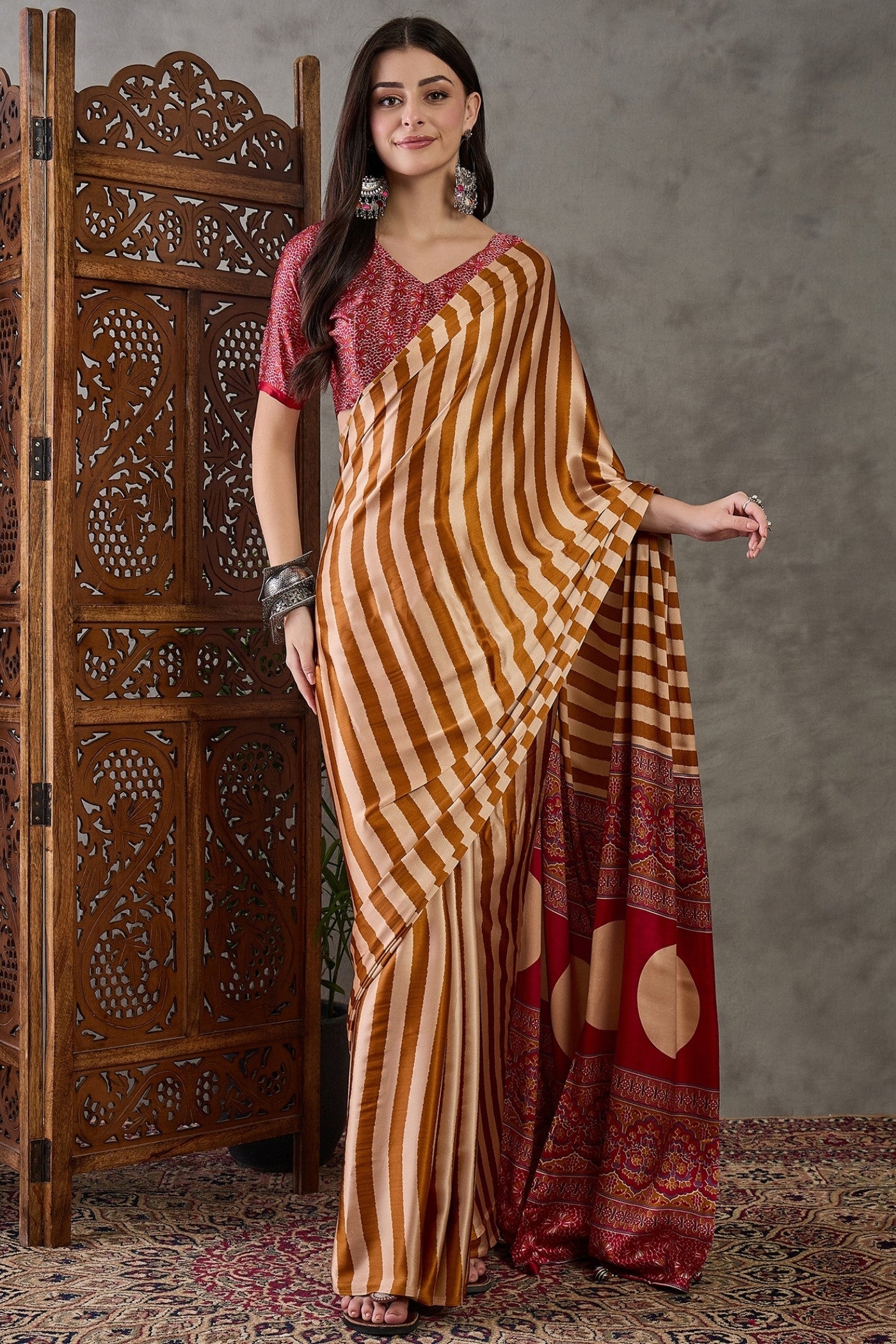 Buy MySilkLove Glossy Orange Stripe Ajrakh Printed Satin Gaji Silk Saree Online