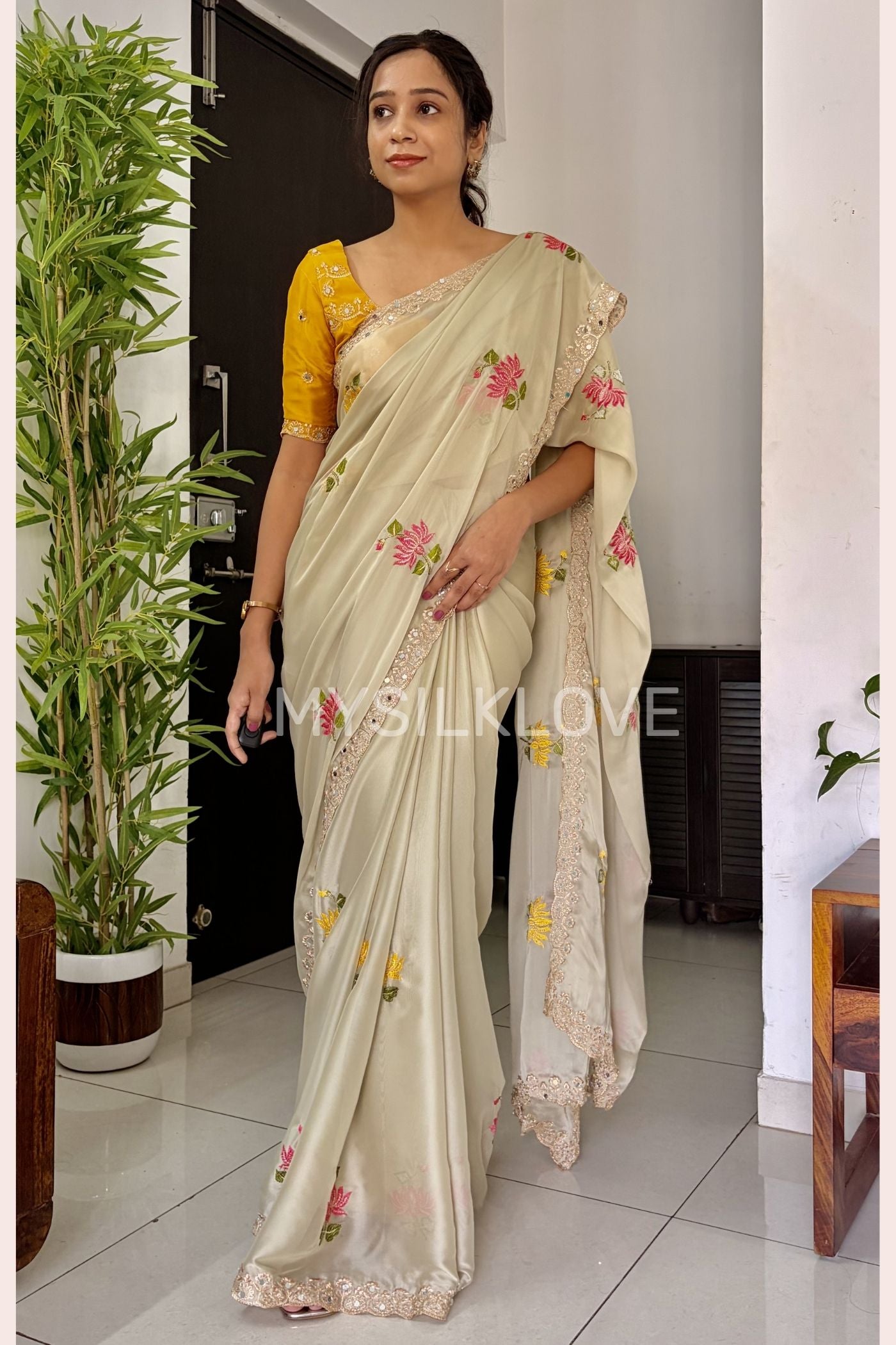 Buy MySilkLove Dutch Cream and Yellow Embroidery Chiffon Floral Saree Online