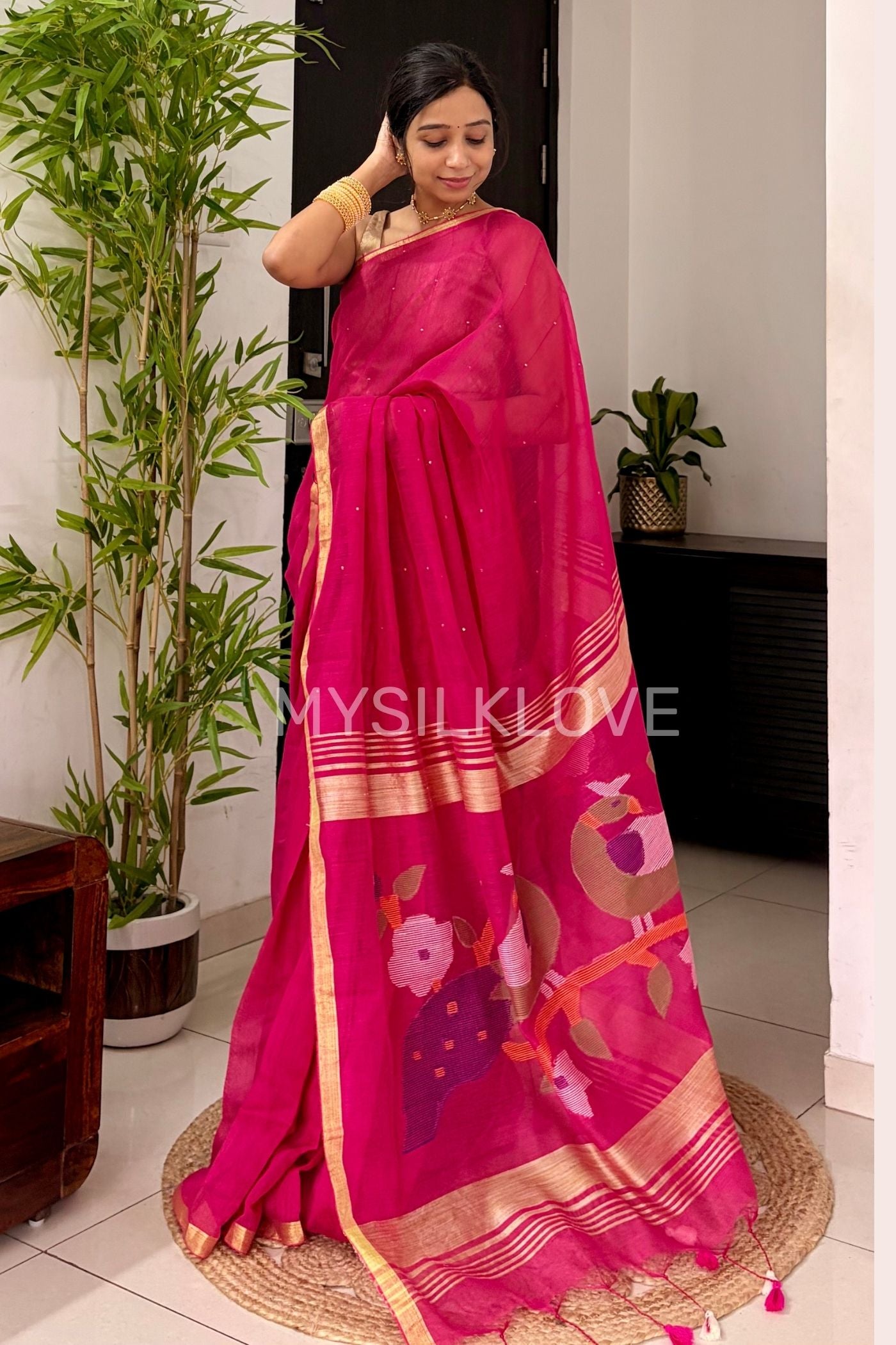 Buy MySilkLove Zinnia Pink Handloom Chanderi Cotton Silk Saree Online