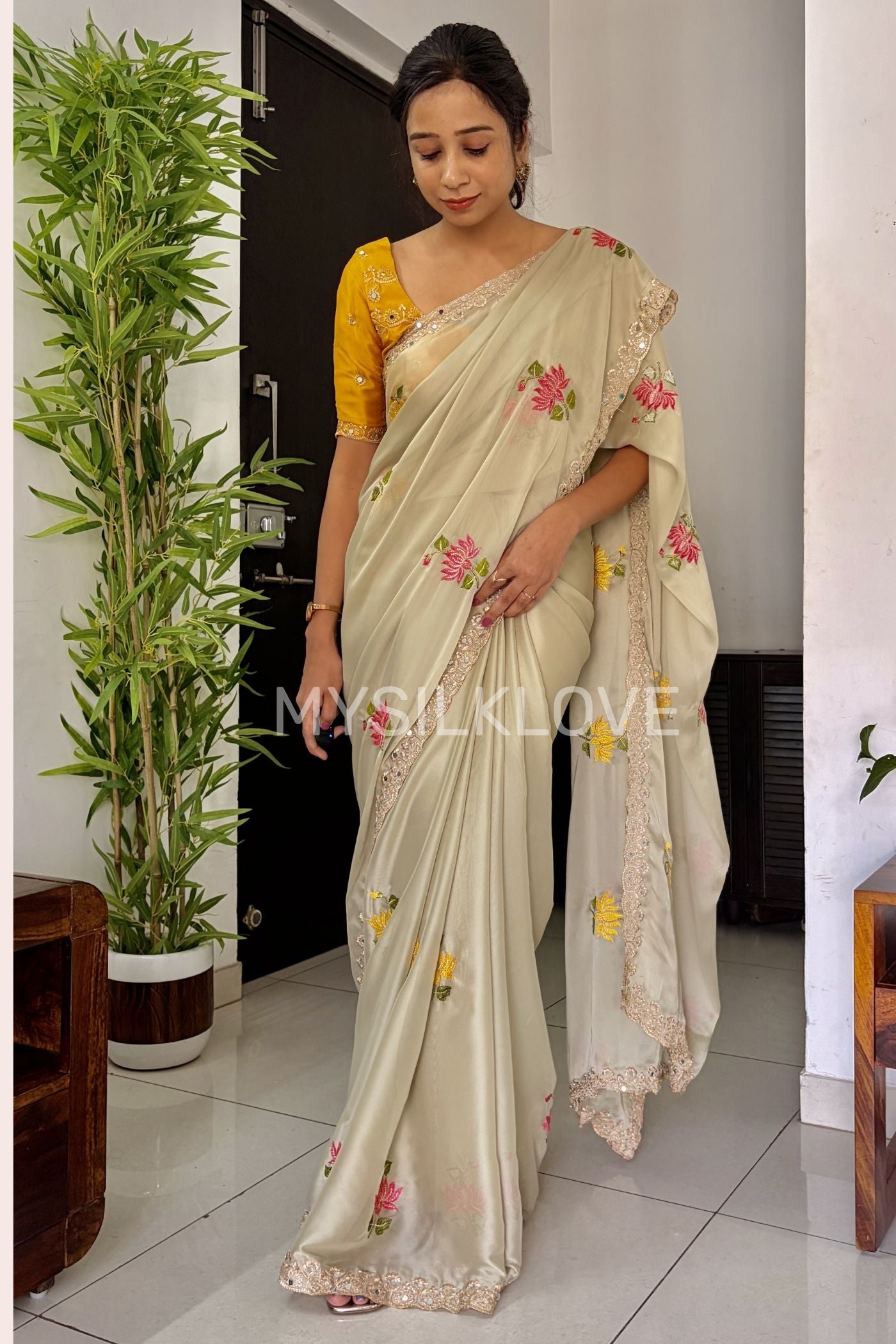 Buy MySilkLove Milk Cream and Yellow Embroidery Chiffon Floral Saree Without Blouse Online