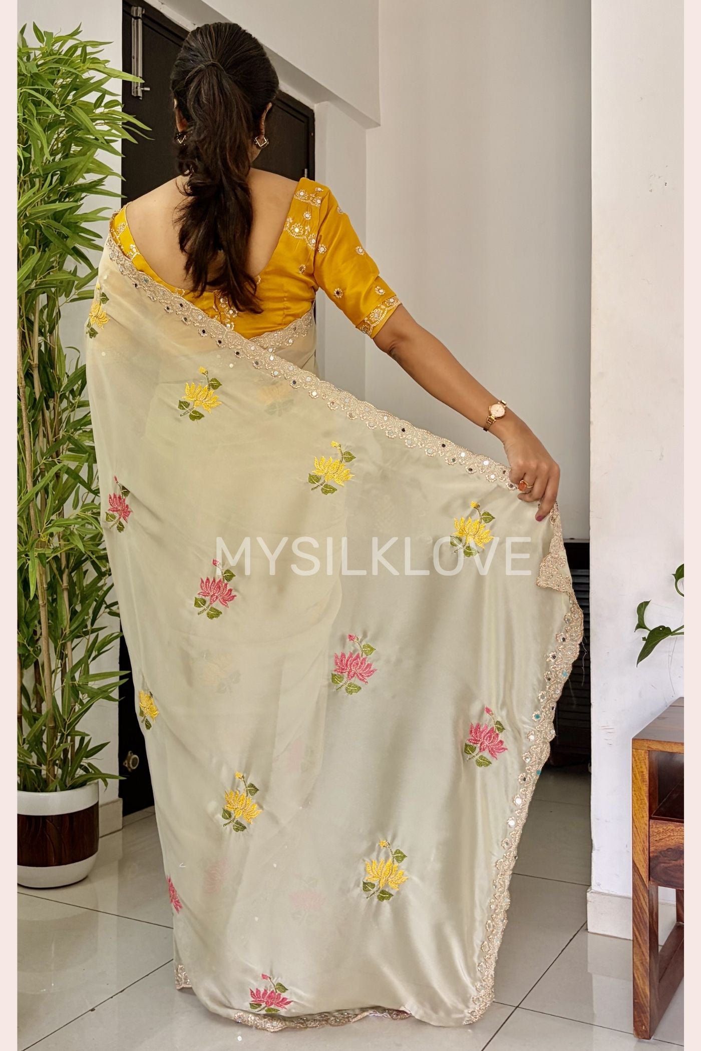 Buy MySilkLove Milk Cream and Yellow Embroidery Chiffon Floral Saree Without Blouse Online