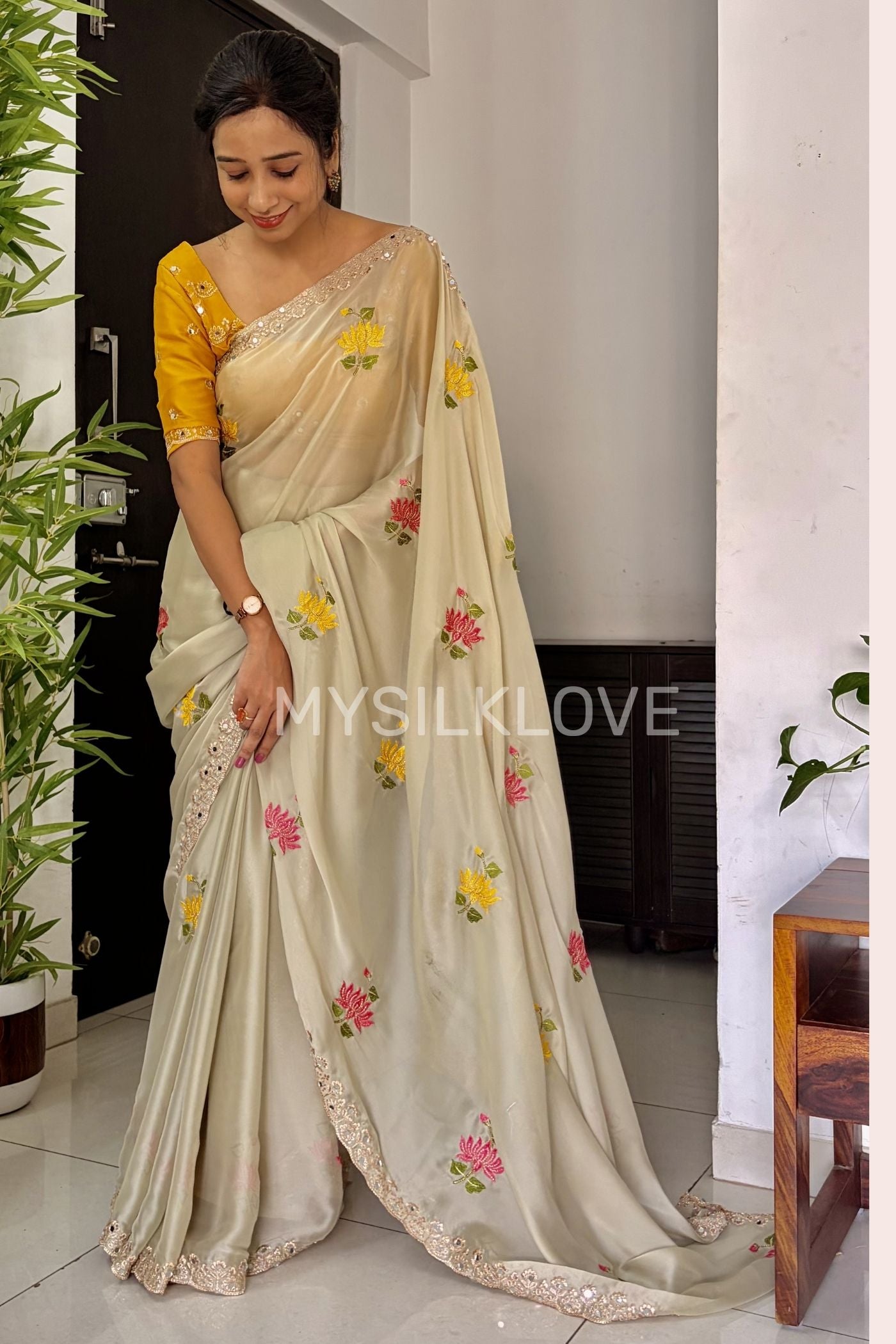 Buy MySilkLove Milk Cream and Yellow Embroidery Chiffon Floral Saree Without Blouse Online