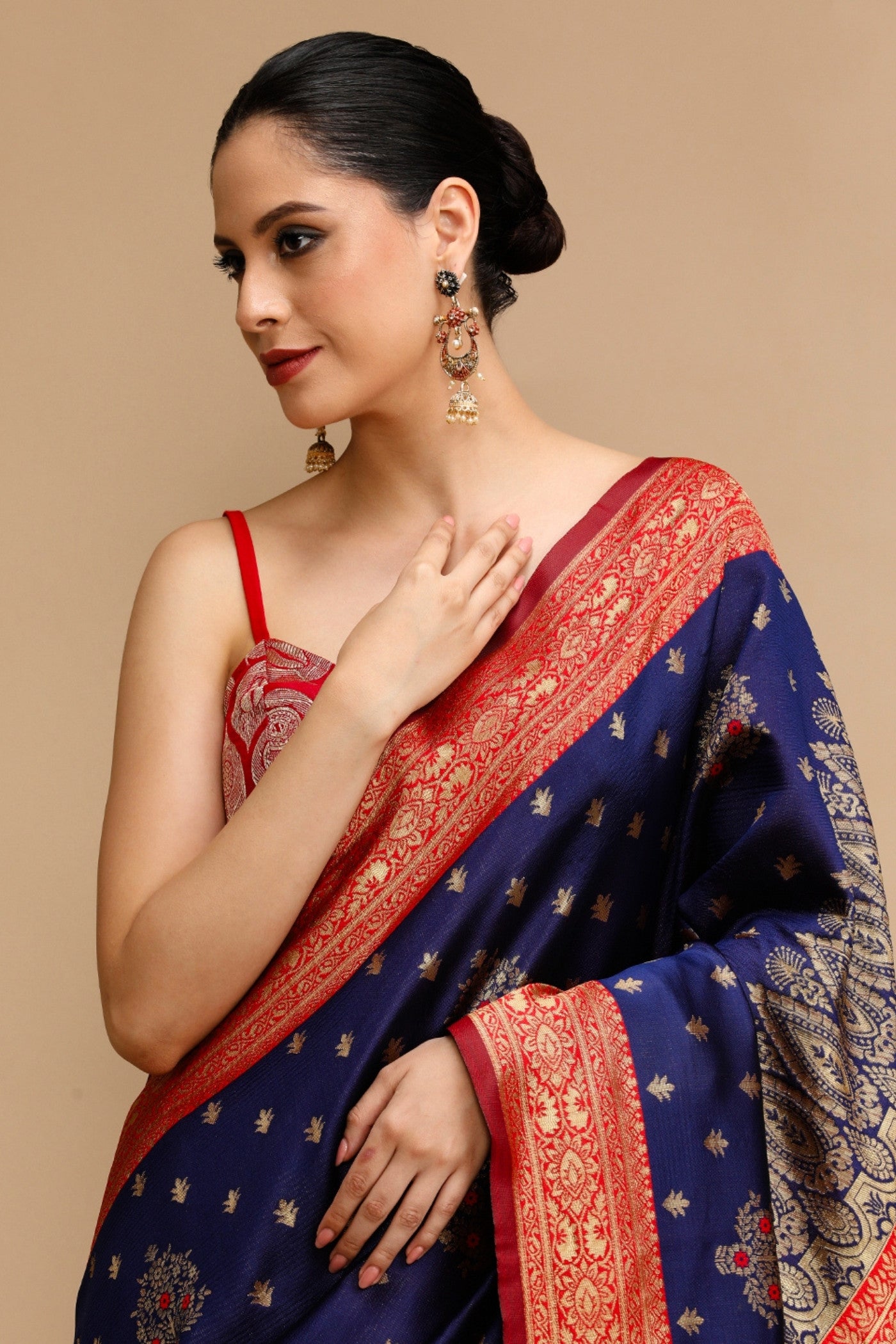 MySilkLove Midnight Blue and Red Woven Jacquard Lichi Silk Saree