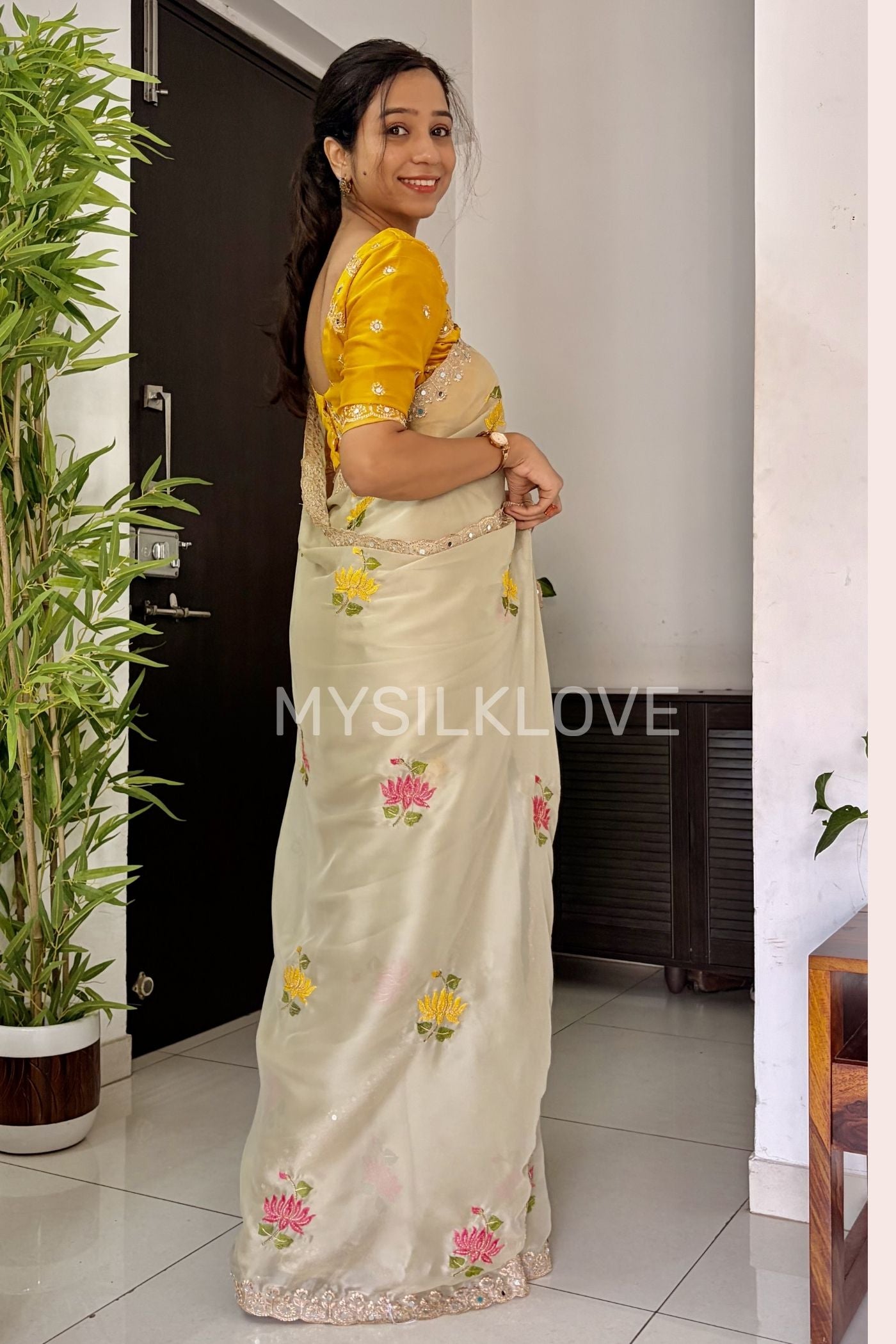 Buy MySilkLove Dutch Cream and Yellow Embroidery Chiffon Floral Saree Online