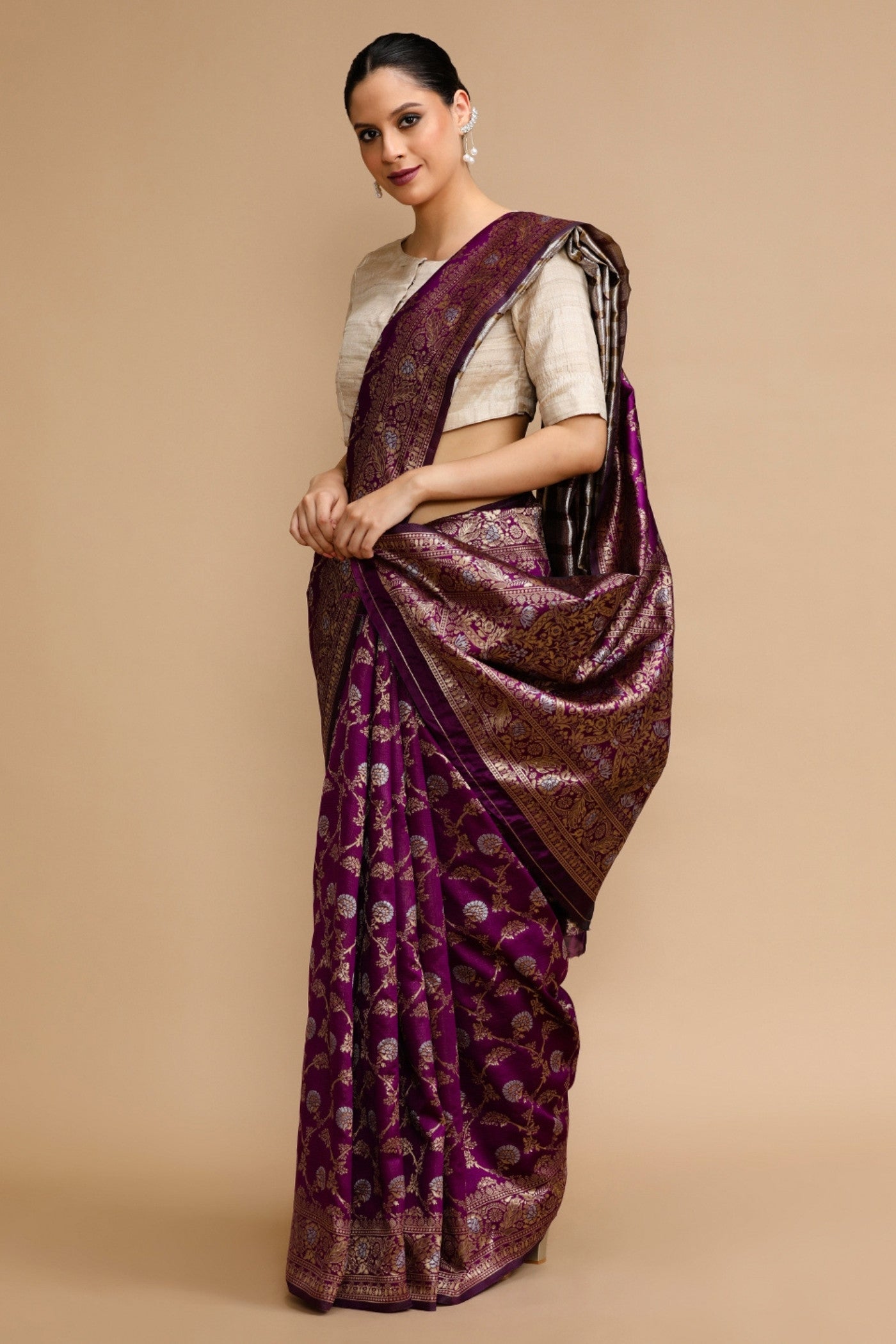 Buy MySilkLove Plum Puple Woven Jacquard Lichi Silk Saree Online