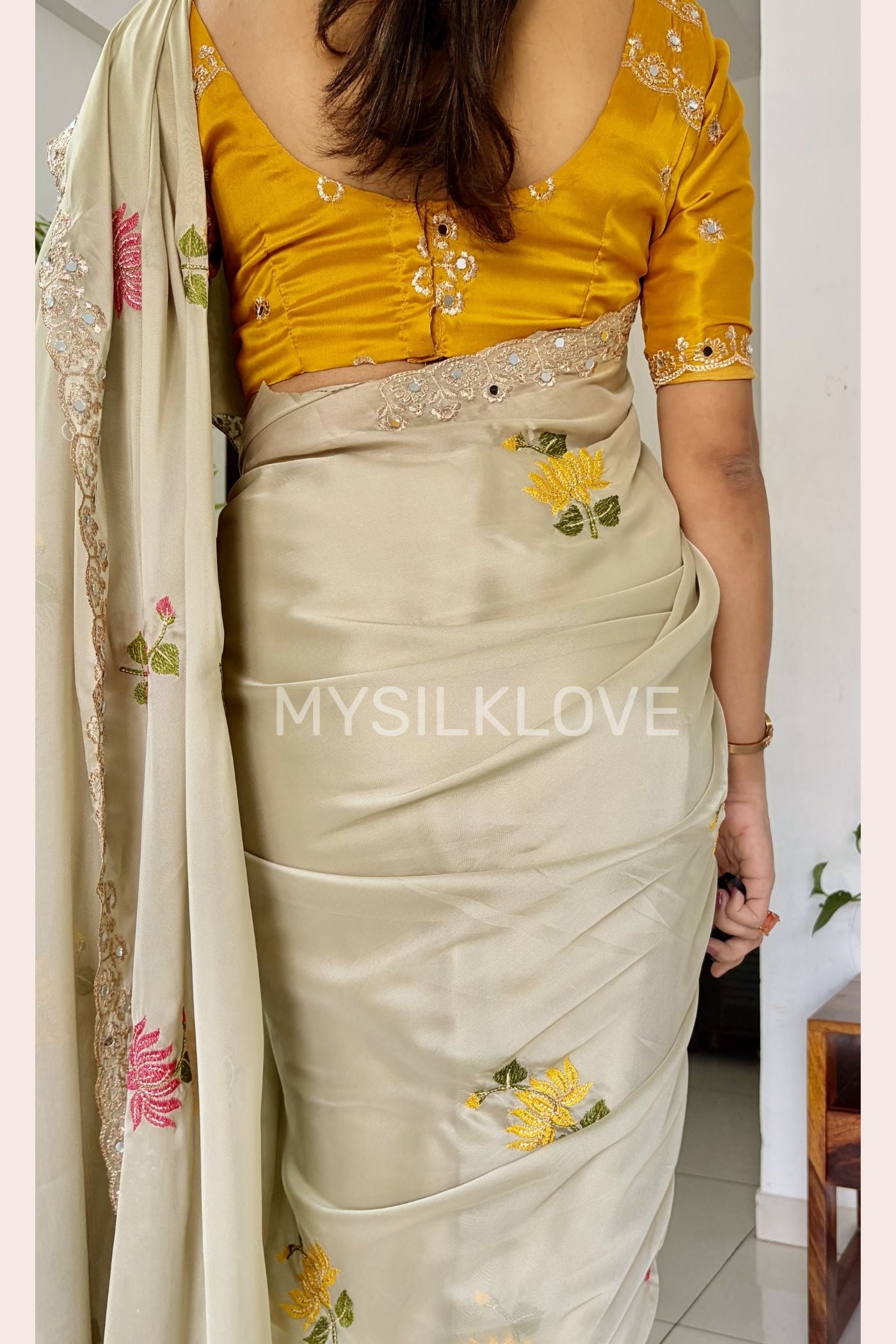 Buy MySilkLove Milk Cream and Yellow Embroidery Chiffon Floral Saree Without Blouse Online