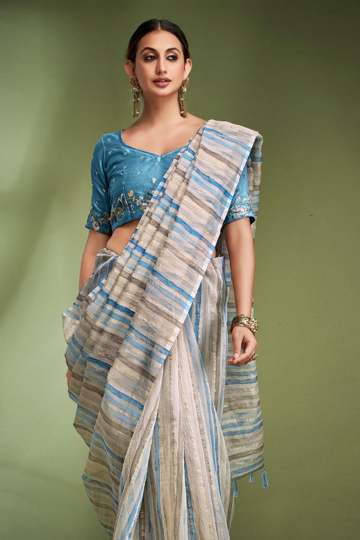 Buy MySilkLove Water Blue Woven Tissue Saree Online