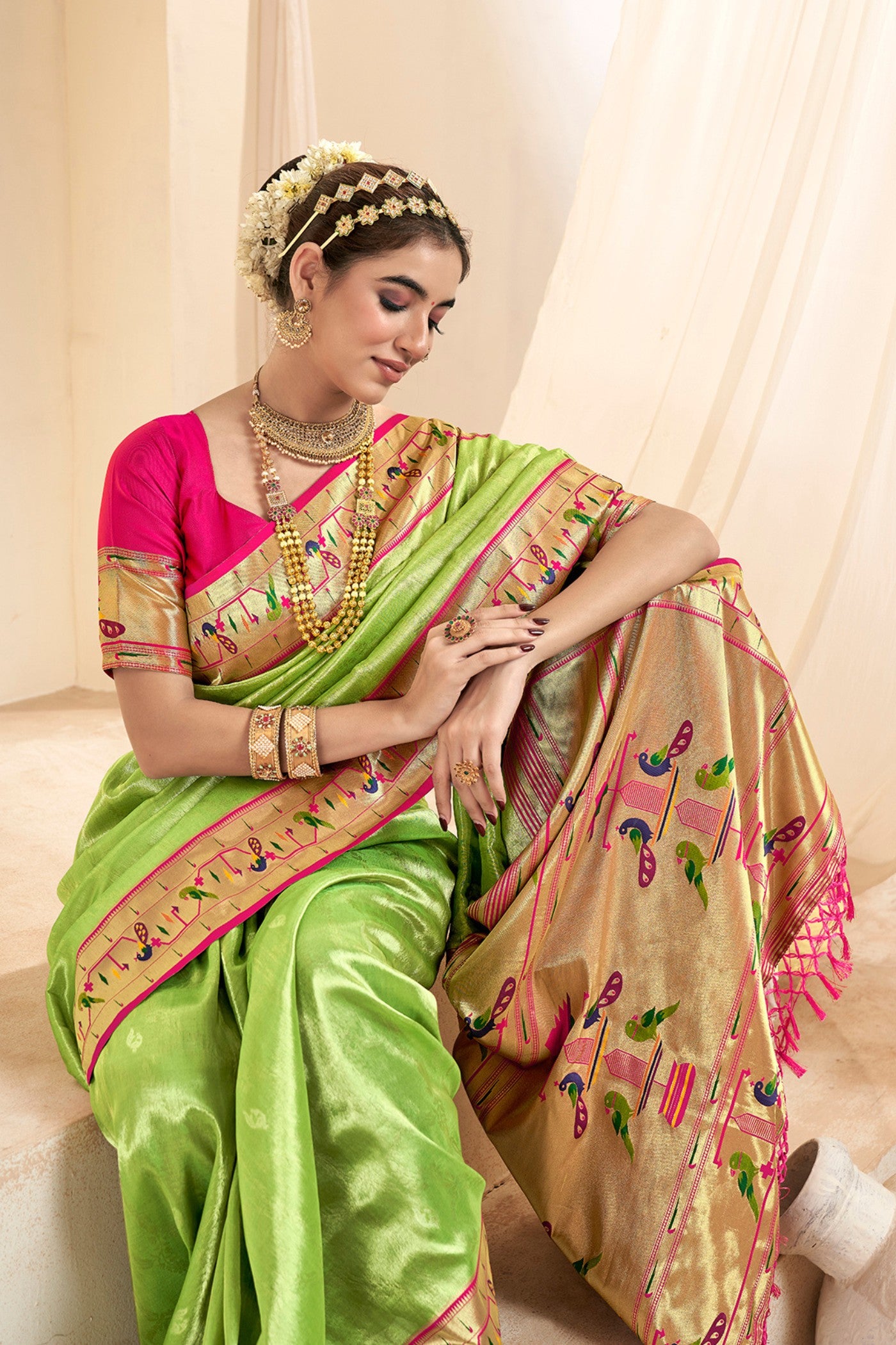 Buy MySilkLove Primrose Green Zari Woven Paithani Tissue Saree Online