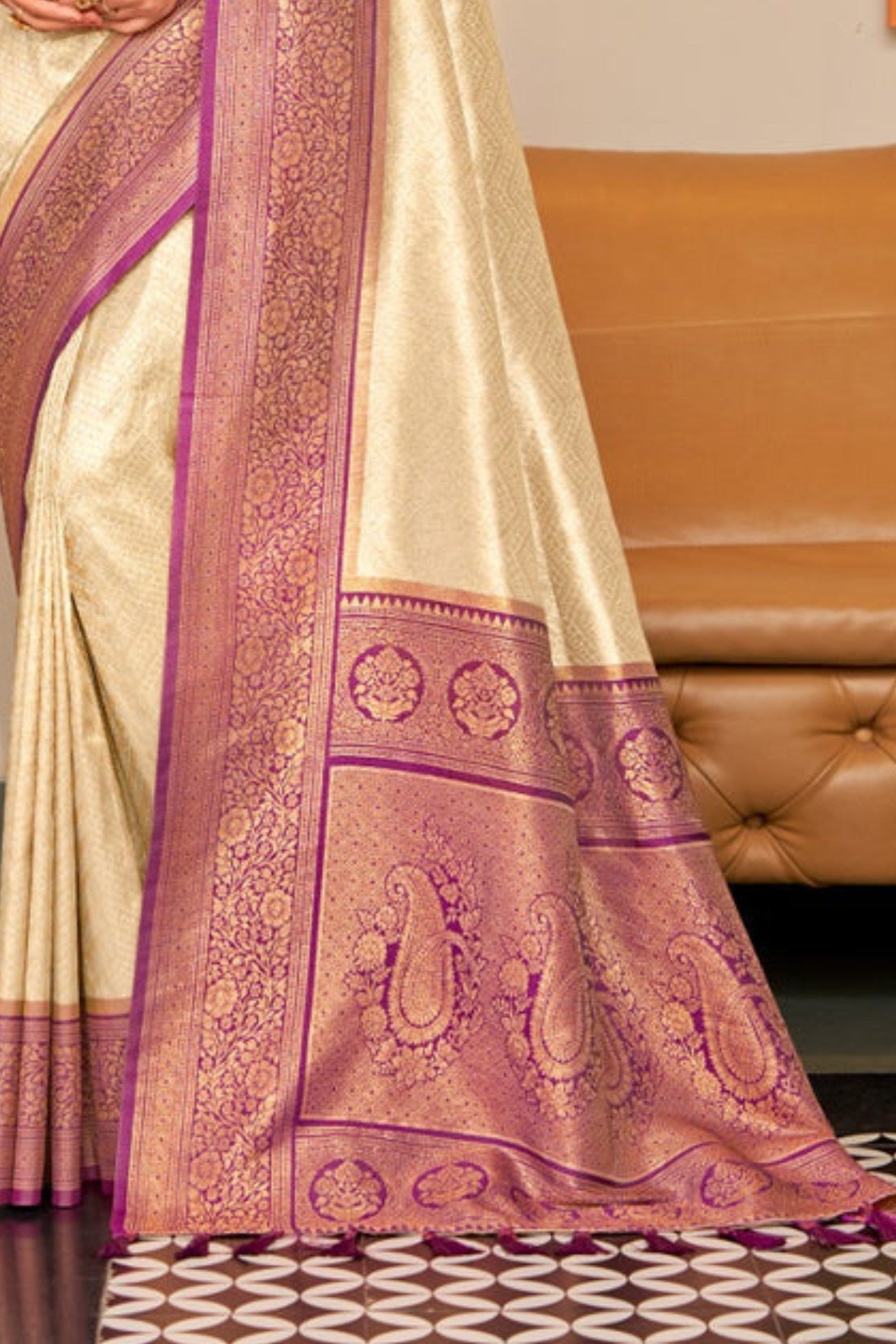 Buy MySilkLove Butter Cream Zari Woven Kanjivaram Saree Online