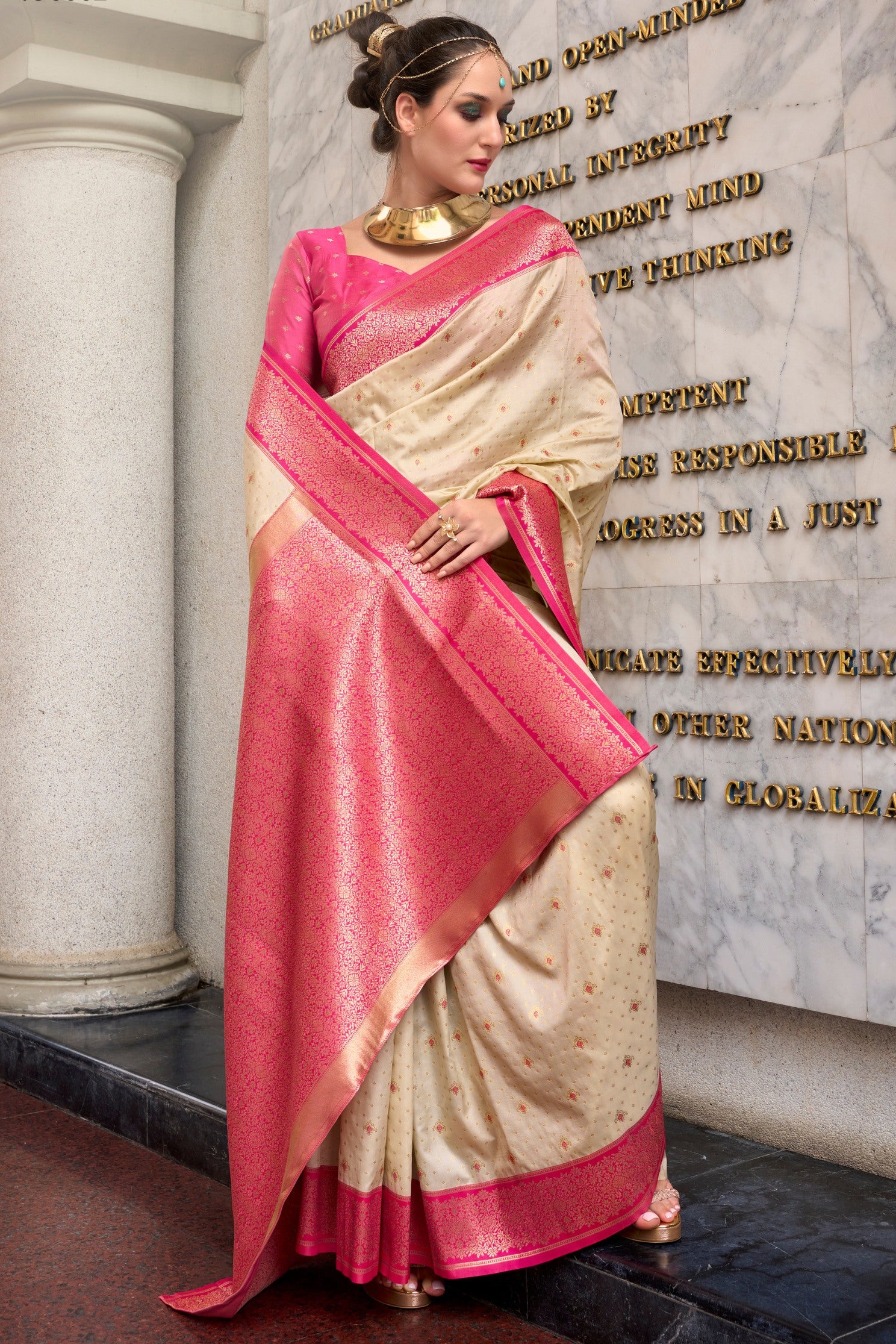 Buy MySilkLove Fog Cream Zari Woven Banarasi Soft Silk Saree Online