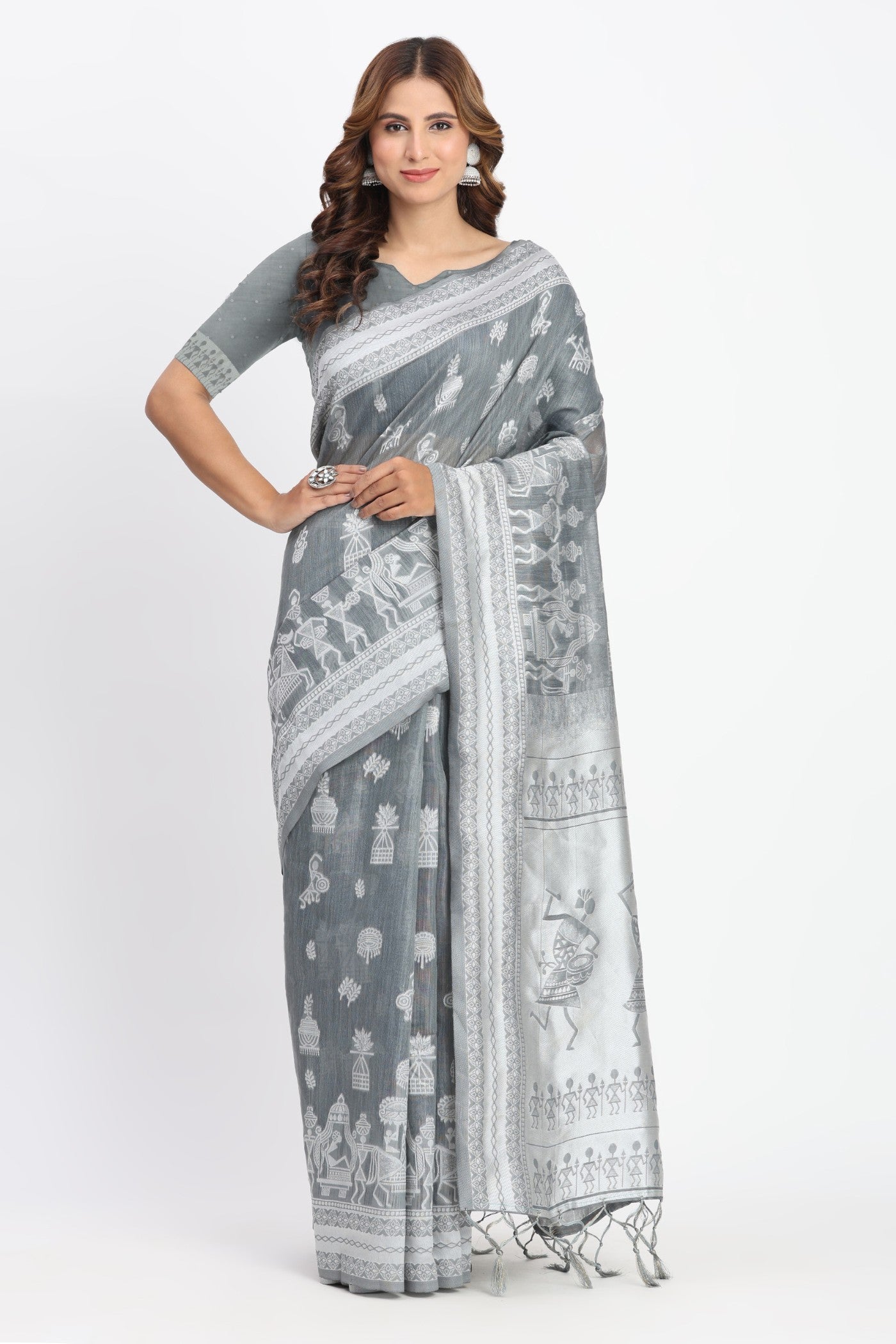 Buy MySilkLove Battleship Grey Woven Linen Cotton Saree Online