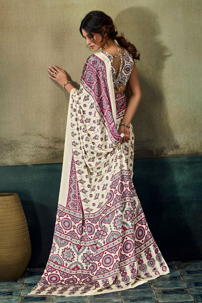 Buy MySilkLove Windsor Cream Modal Ajrakh Satin Printed Silk Saree Online