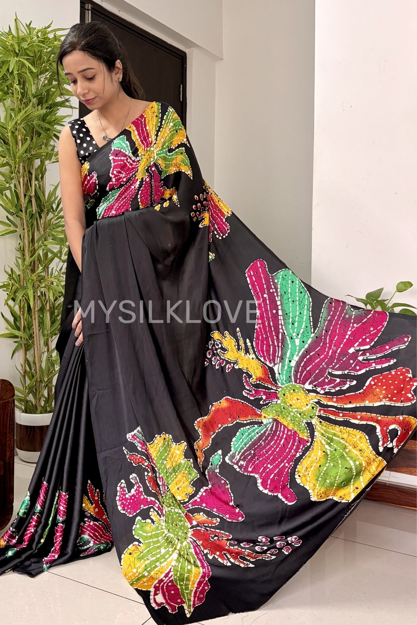 MySilkLove Stone Black Bloom Floral Partywear Satin Silk Saree Without Blouse