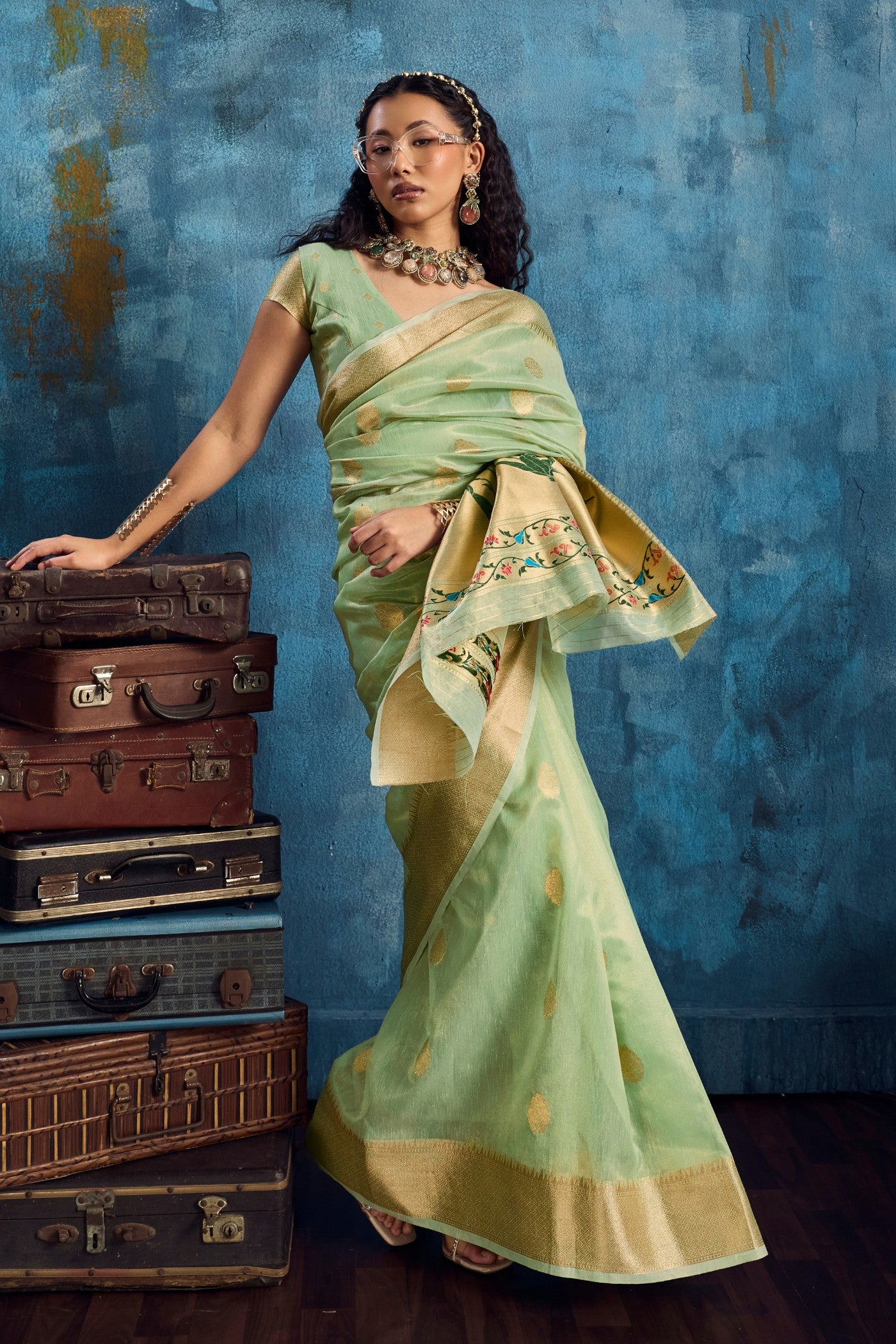Buy MySilkLove Artichoke Green Zari Woven Tissue Paithani Saree Online