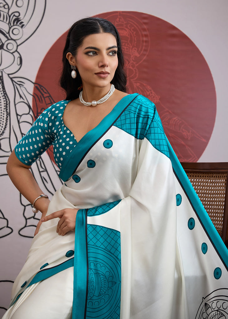 Buy MySilkLove Steel Blue and White Printed Satin Crepe Silk Saree Online