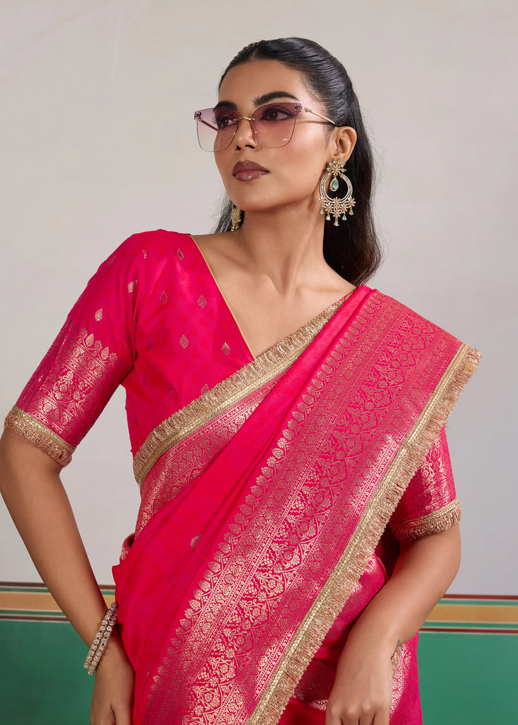 Buy MySilkLove Solid Pink Woven Banarasi Satin Silk Saree Online