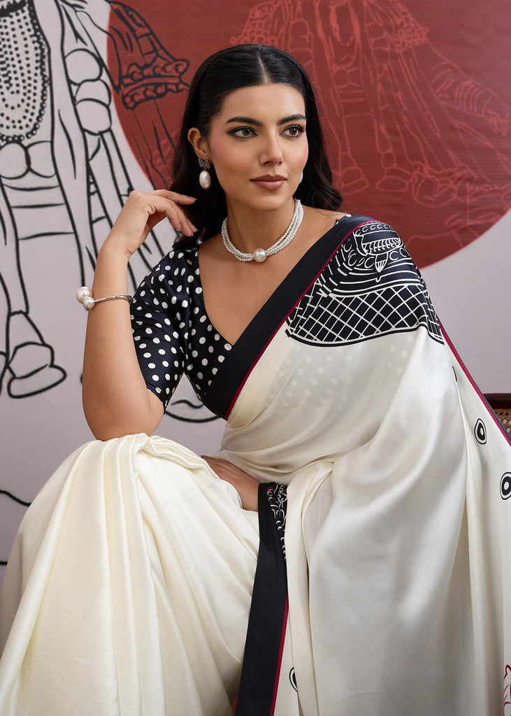 Buy MySilkLove Cool Black and White Printed Satin Crepe Silk Saree Online