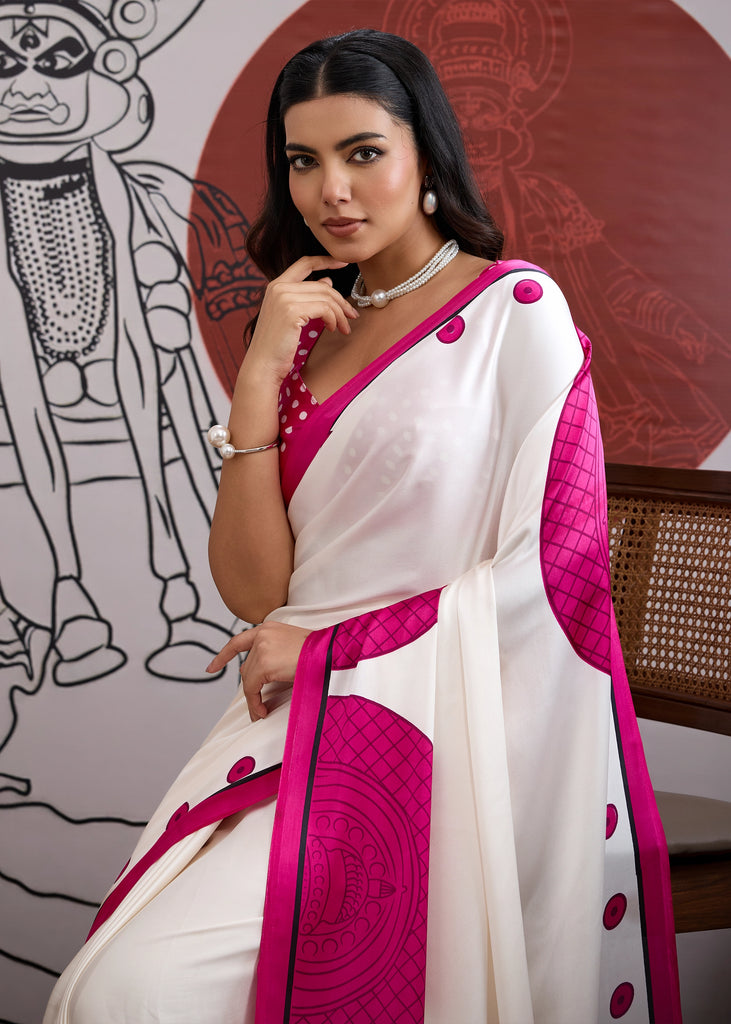 Buy MySilkLove Ultra Pink and White Printed Satin Crepe Silk Saree Online