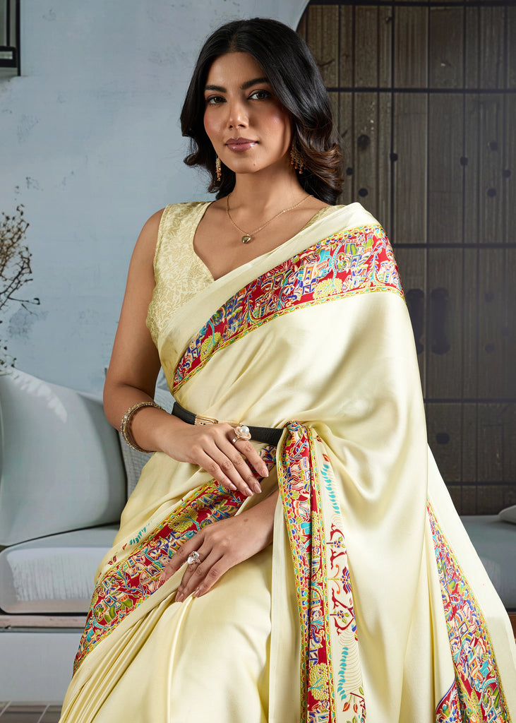 MySilkLove Nacreous Cream Printed Satin Crepe Silk Saree