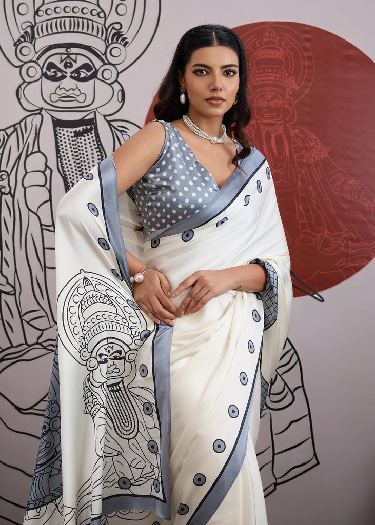 Buy MySilkLove Seal Grey and White Printed Satin Crepe Silk Saree Online