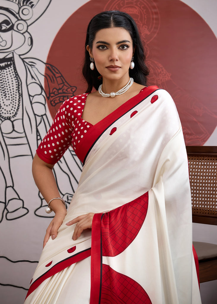 Buy MySilkLove Barn Red and White Printed Satin Crepe Silk Saree Online