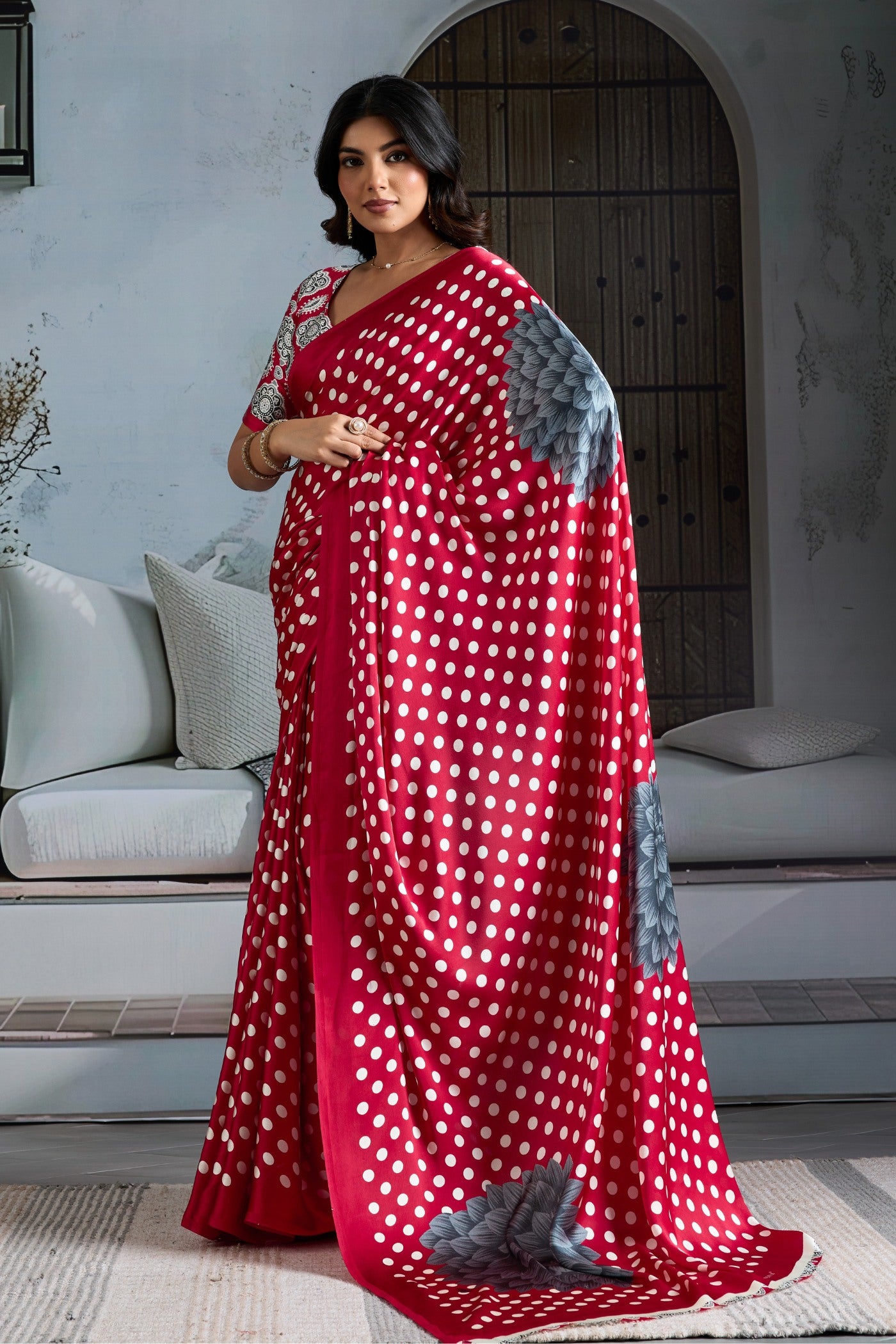 Buy MySilkLove Melon Red Printed Polka Dots Satin Crepe Saree Online