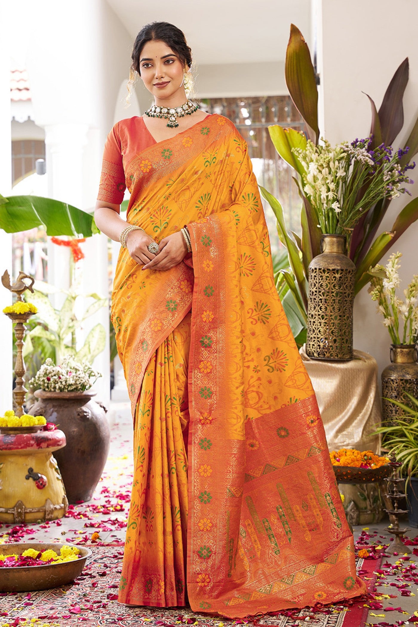 Buy MySilkLove Saffron Yellow Banarasi Woven Soft Silk Saree Online