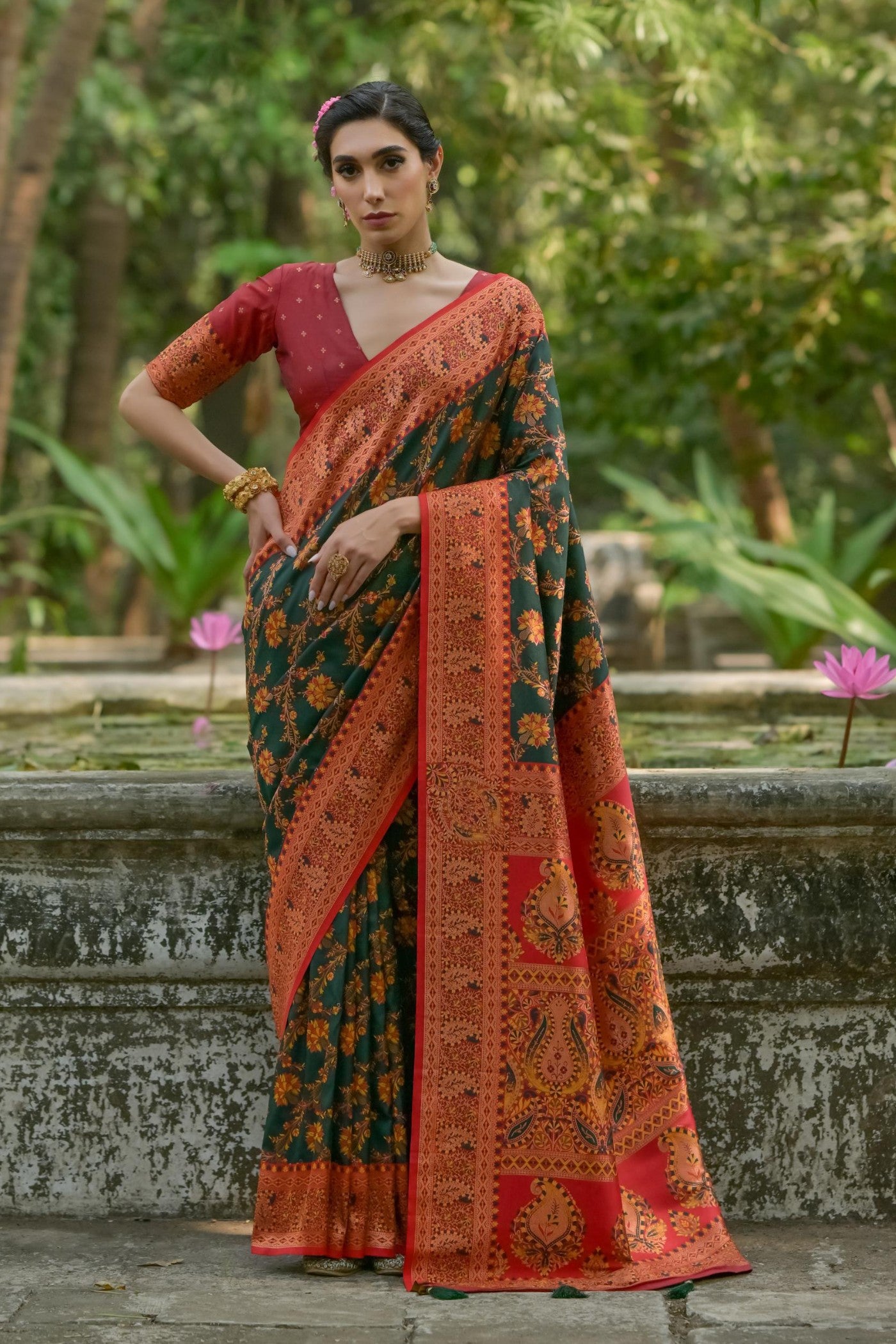 Buy MySilkLove Mineral Green Woven Pashmina Silk Saree Online