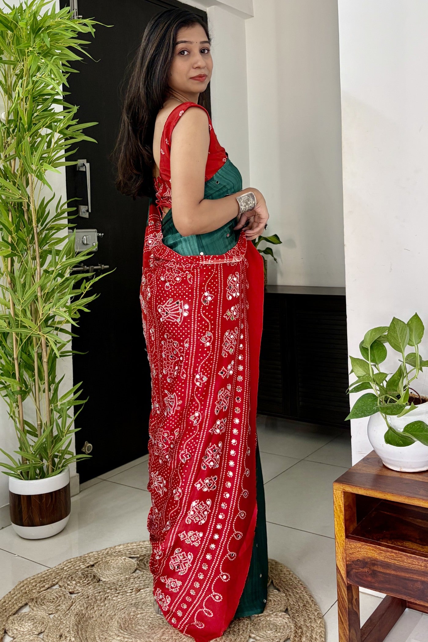Buy MySilkLove Myrtle Green and Red Gaji Bandej Satin Soft Silk Saree Online