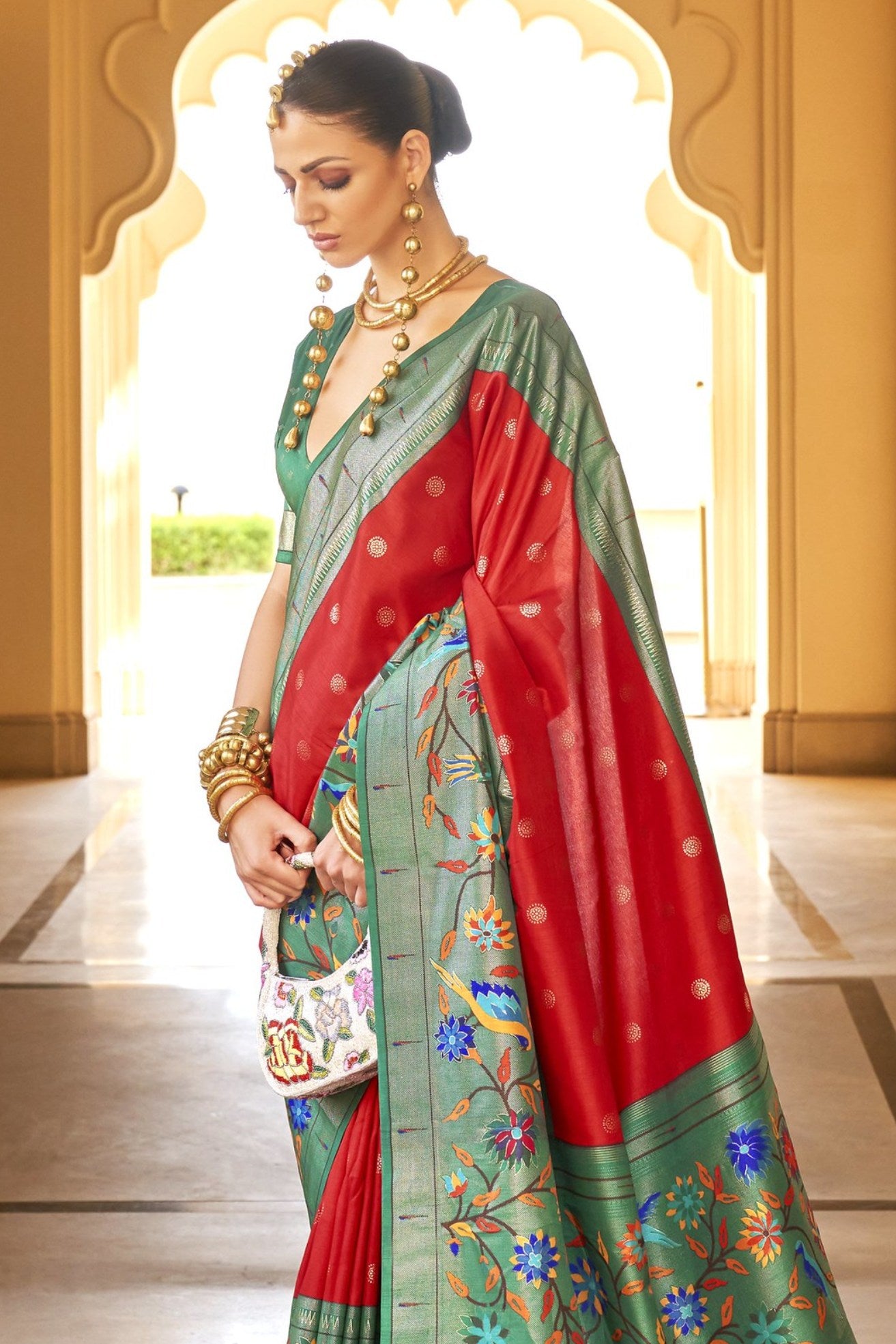 Buy MySilkLove Red Chilli and Green Woven Paithani Designer Saree Online