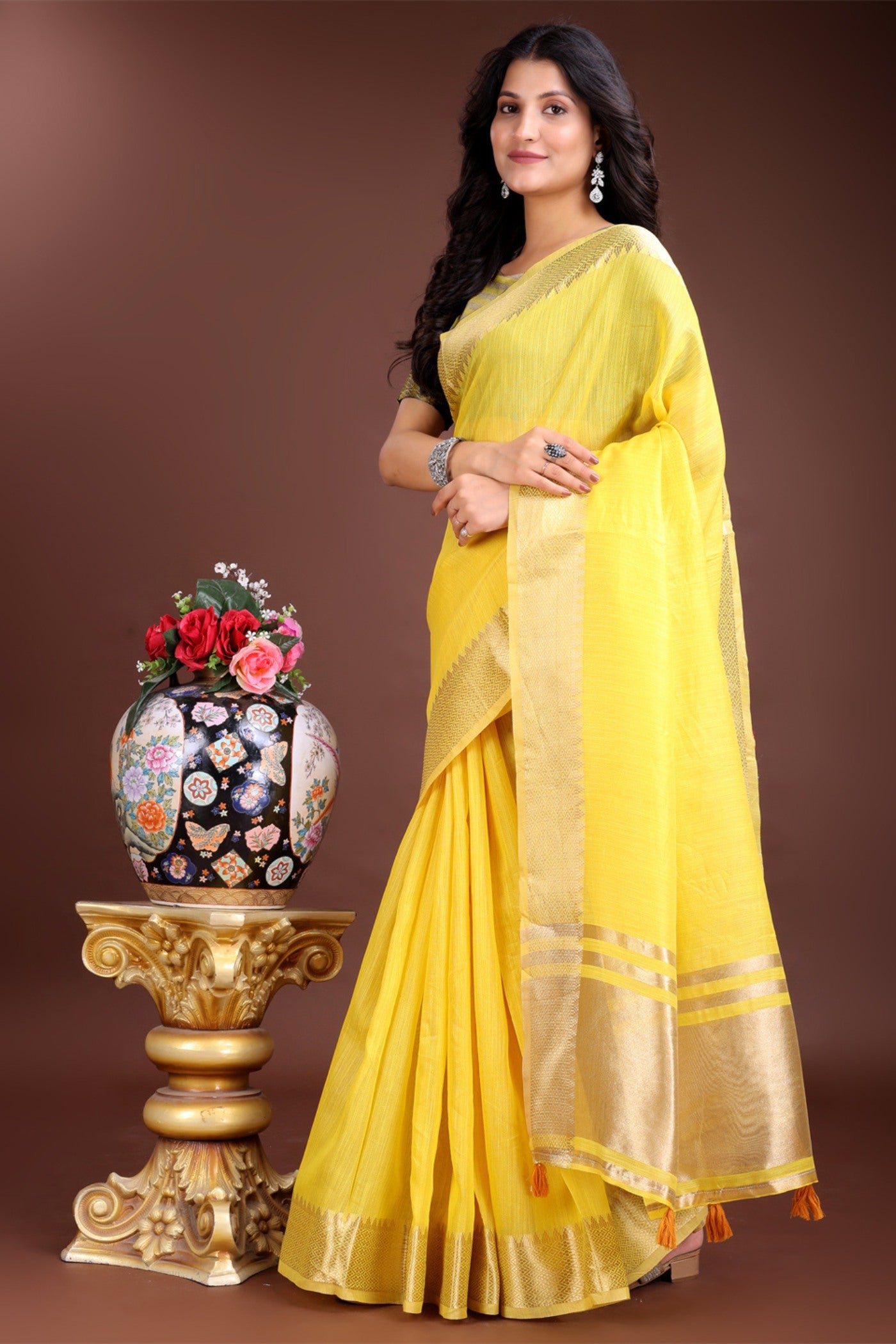 Buy MySilkLove Lemon Yellow Woven Cotton Saree Online