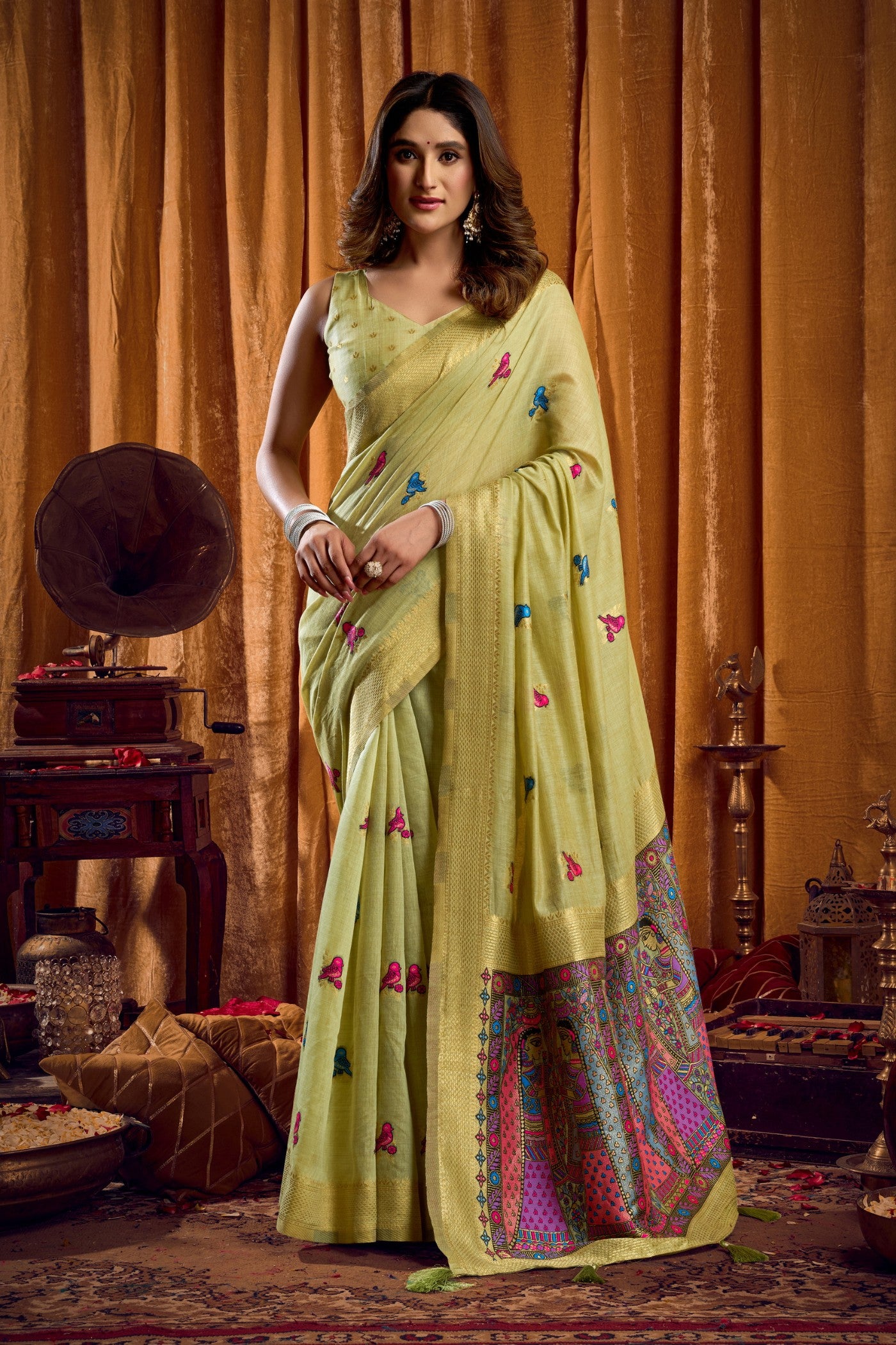 Buy MySilkLove Pista Green Woven Cotton Saree Online