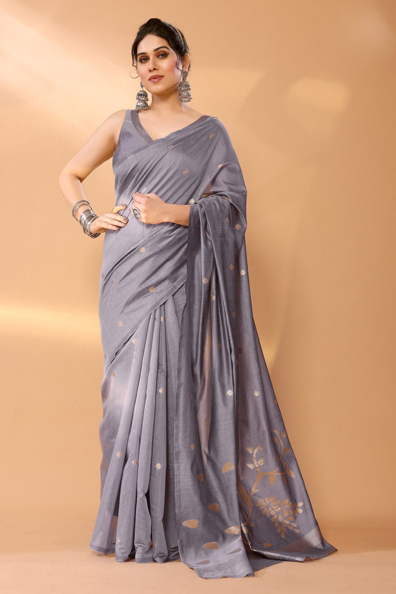 Buy MySilkLove Venus Grey Woven Chanderi Cotton Saree Online