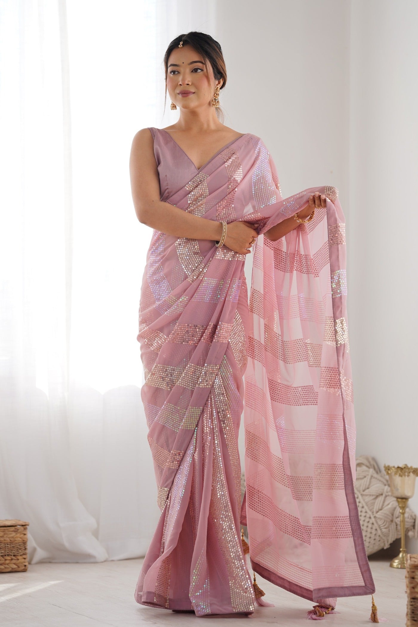 Buy MySilkLove Puce Pink Georgette Partywear Saree Online