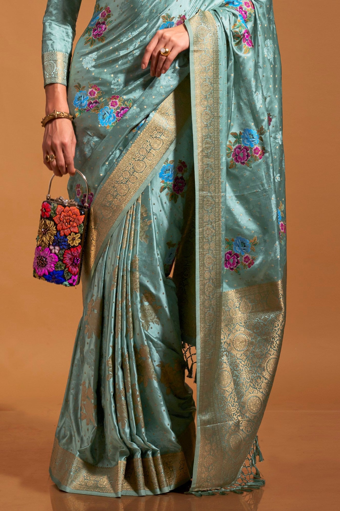 Buy MySilkLove Summer Blue Handloom Satin Silk Saree Online