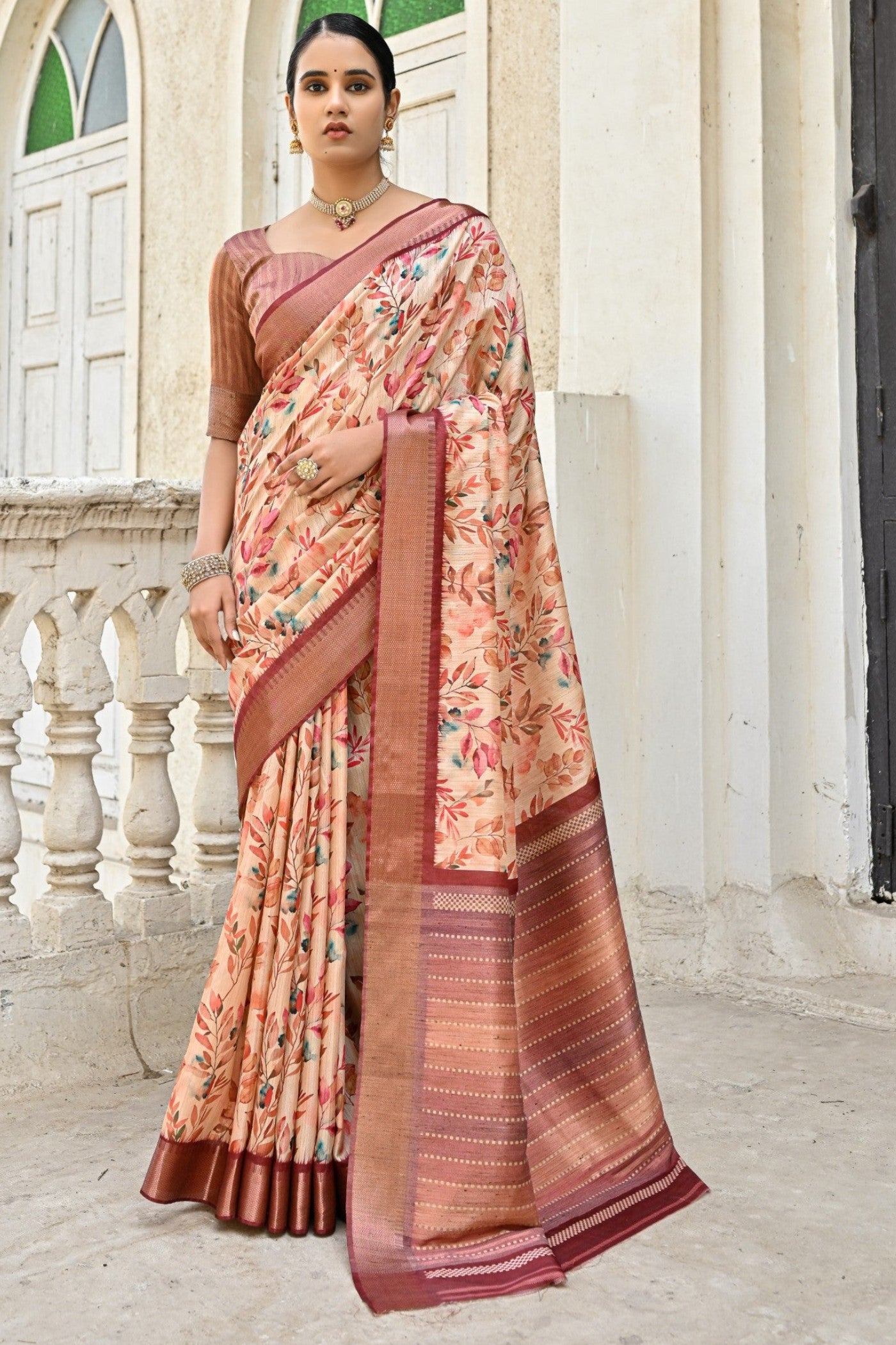 Buy MySilkLove Contessa Brown Tussar Printed Silk Saree Online