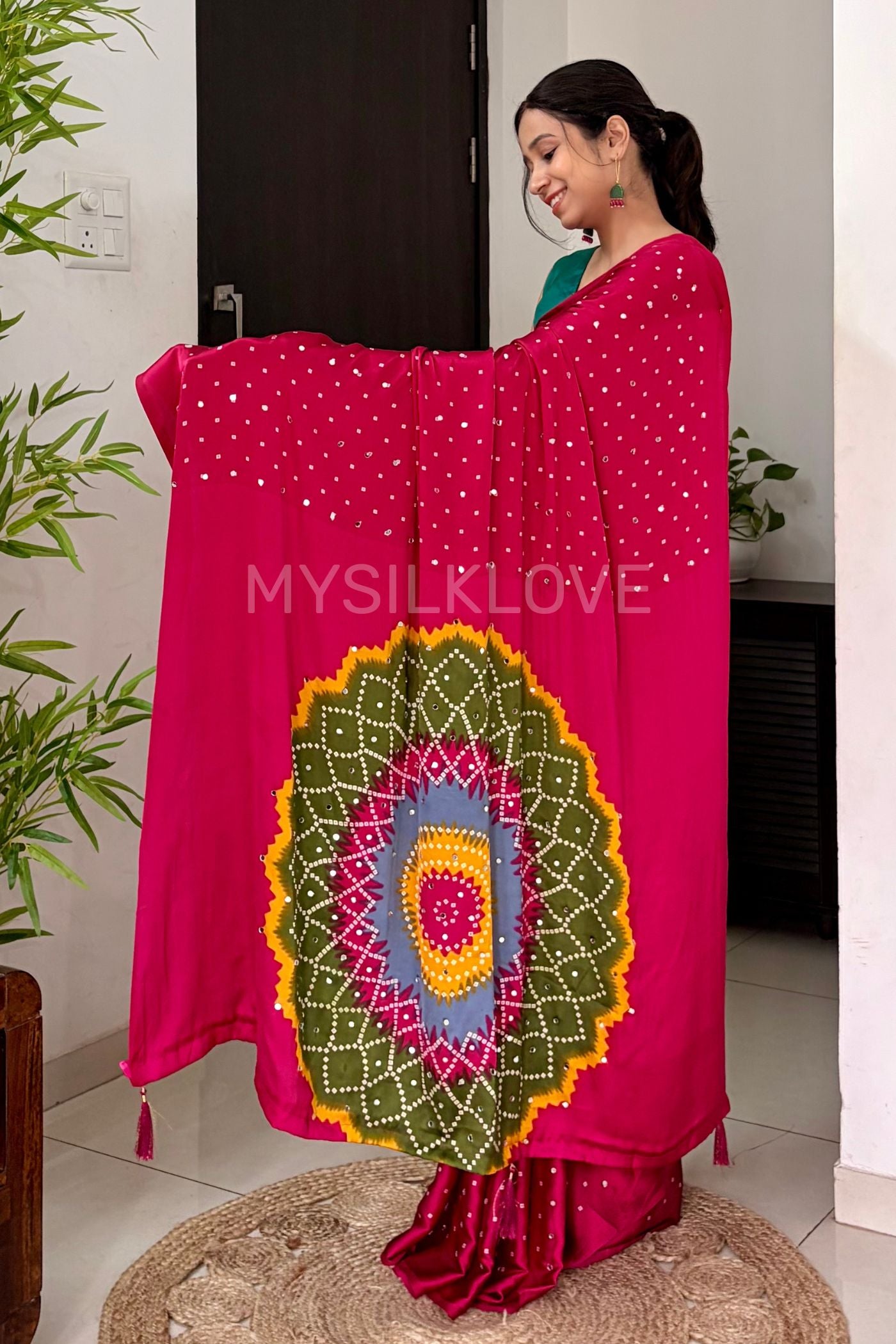 Buy MySilkLove Rosewood Pink Bandhani Satin Mirror Work Saree Online