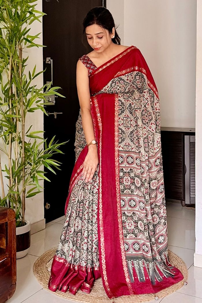 Buy MySilkLove Beige Red and Red Modal Ajrakh Satin Printed Mirror Work Saree Online