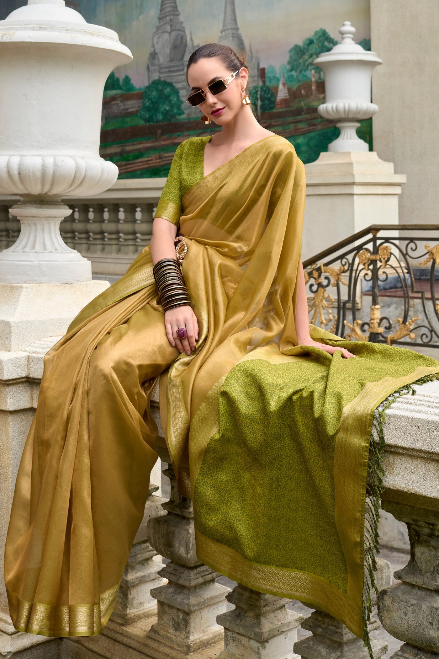 Buy MySilkLove Tussock Yellow Handloom Tissue Saree Online