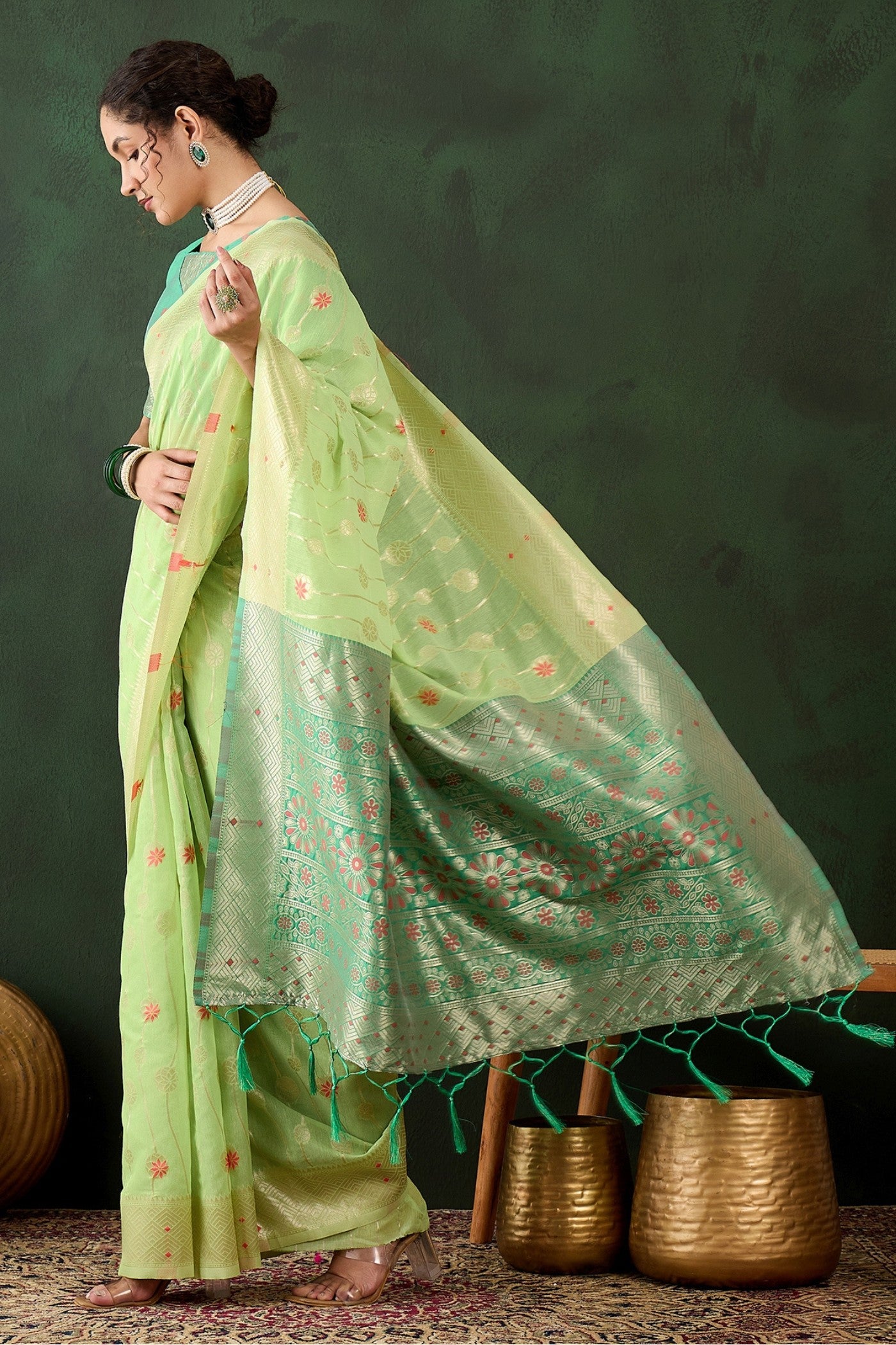 Buy MySilkLove Pistachio Green Woven Cotton Saree Online