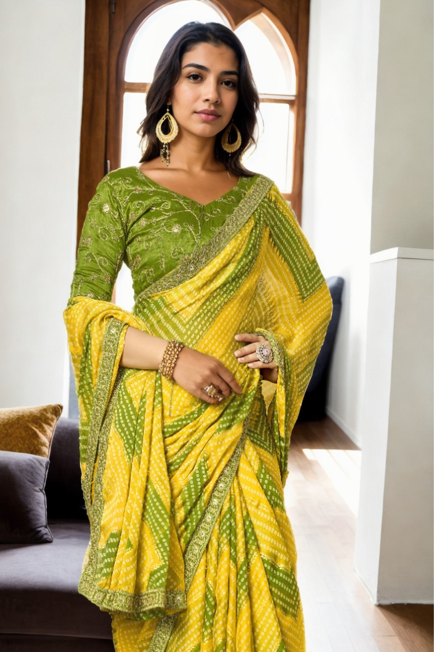 Buy MySilkLove Sunflower Yellow and Green Bandhani Digital Printed Silk Saree Online