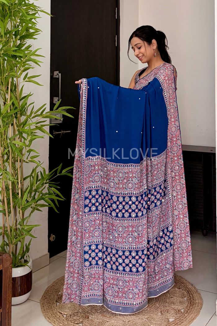 Buy MySilkLove Spruce Blue Ajrakh Satin Modal Silk Saree Online