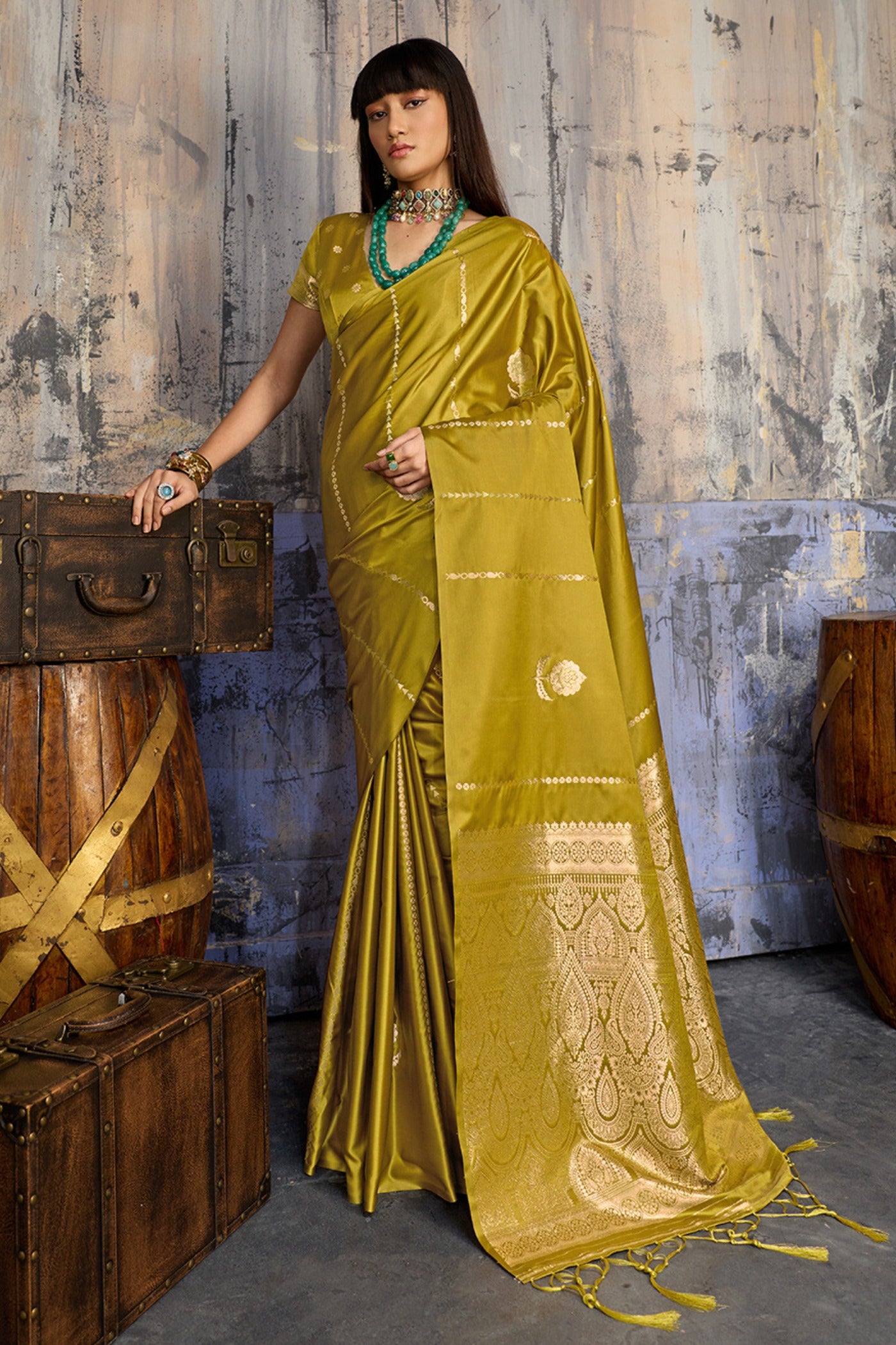 Buy MySilkLove Lime Green Handloom Satin Silk Saree Online